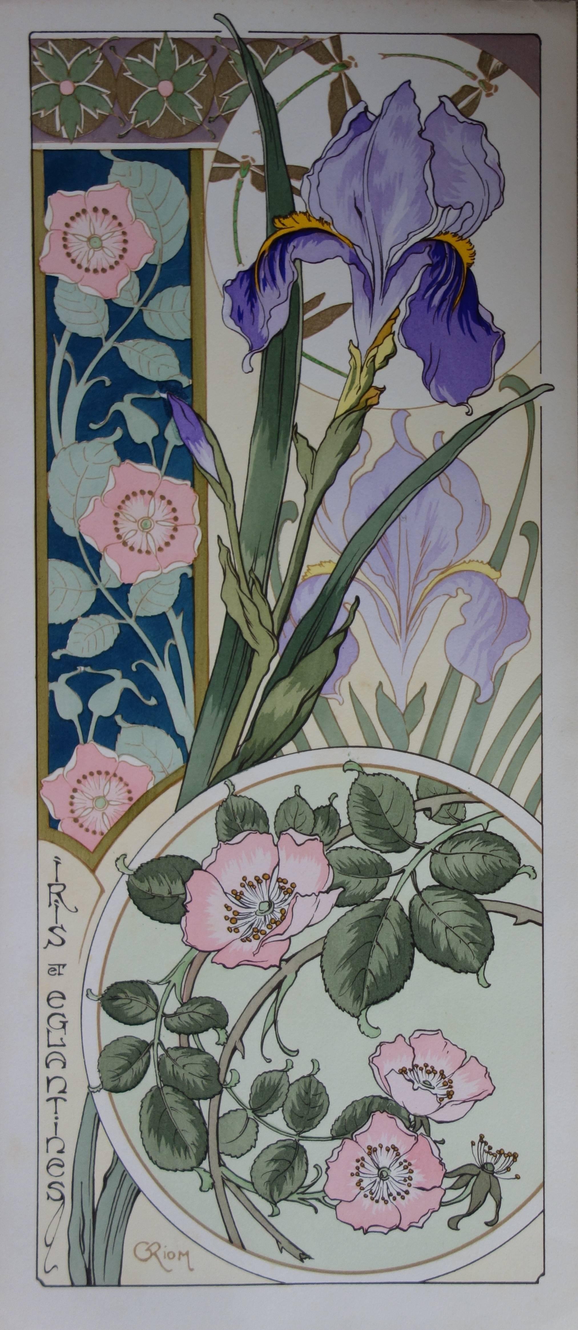 Unknown Interior Print - C RIOM : Irises And Rosehips - Original Lithograph - Art Nouveau 1890s