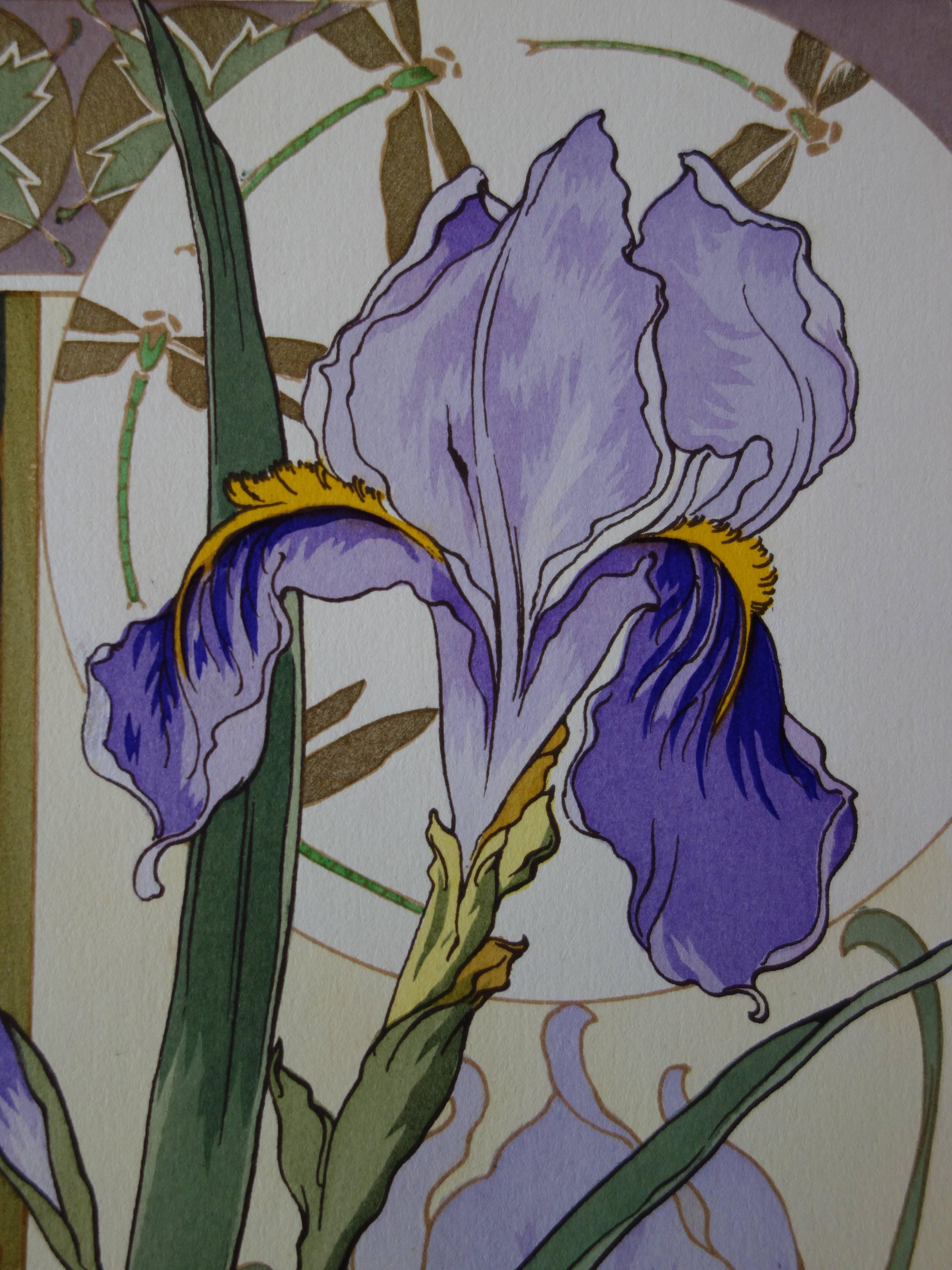 C RIOM : Irises And Rosehips - Original Lithograph - Art Nouveau 1890s - Gray Interior Print by Unknown