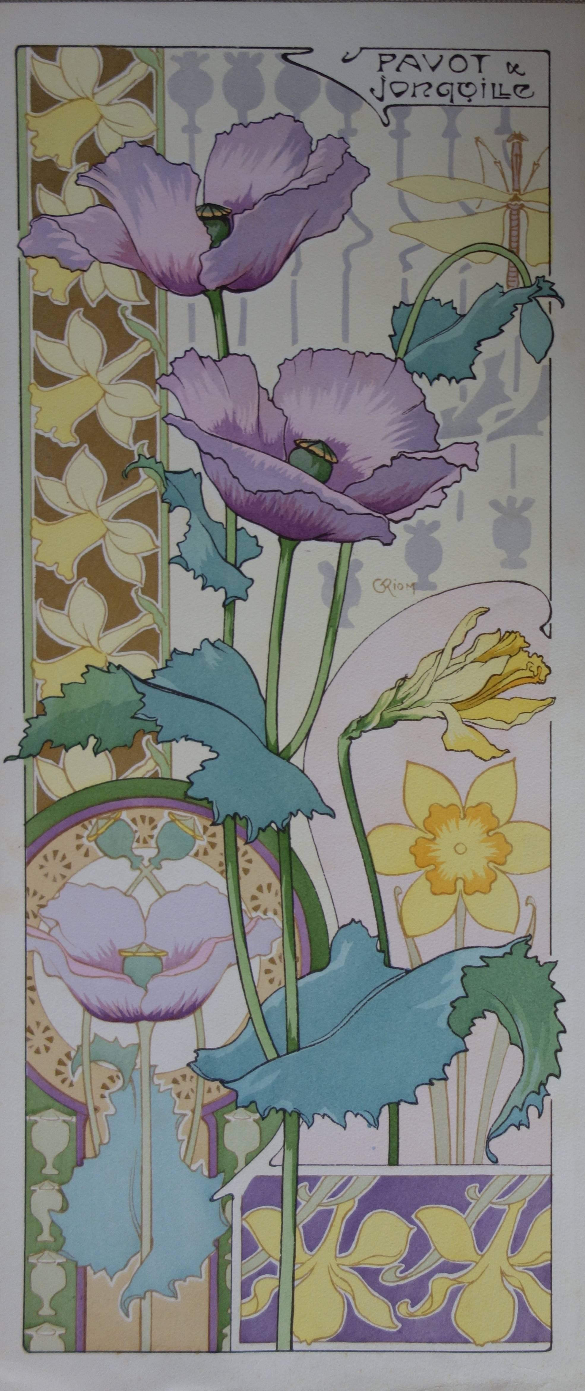 Unknown Interior Print - C RIOM : Poppies And Daffodils - Original Lithograph - Art Nouveau 1890s