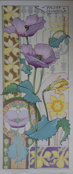 C RIOM : Poppies And Daffodils - Original Lithograph - Art Nouveau 1890s