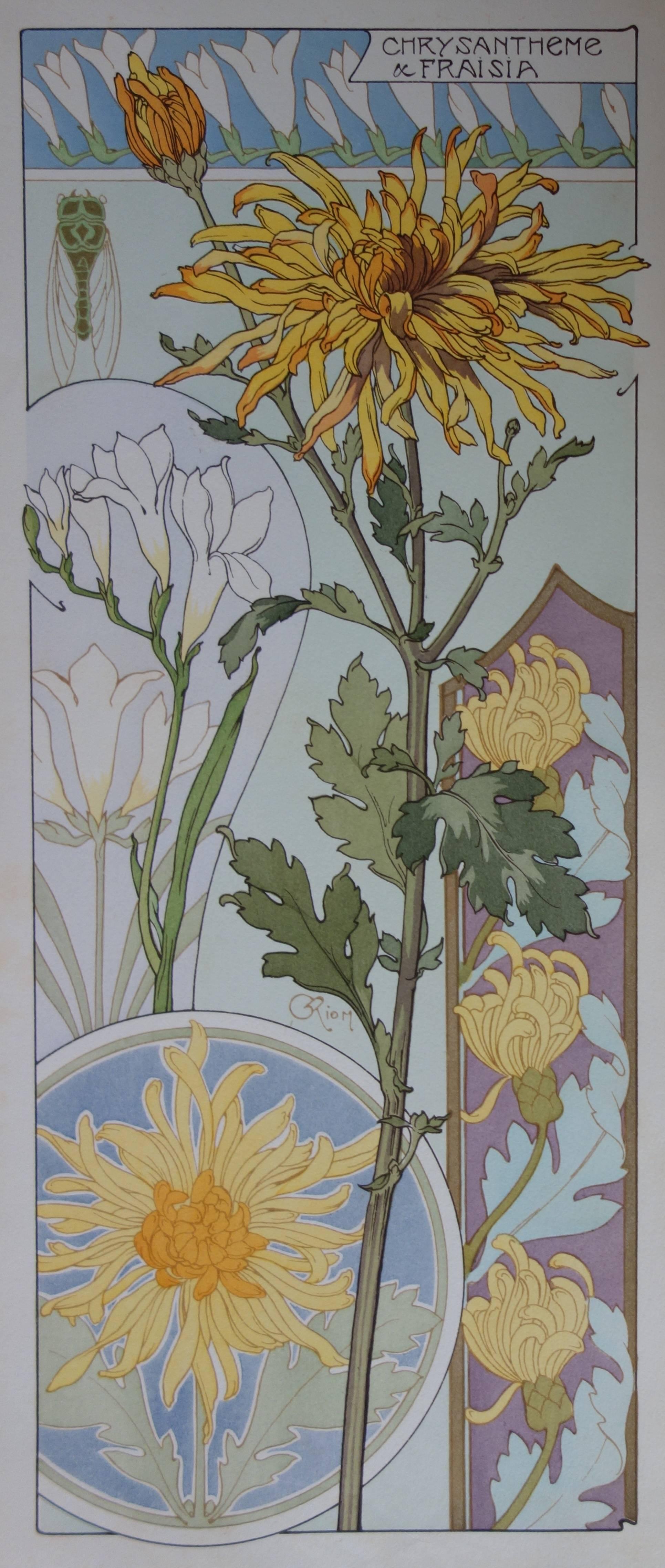 Unknown Interior Print - C RIOM : Chrysanthemums And Freesias - Original Lithograph - Art Nouveau 1890s