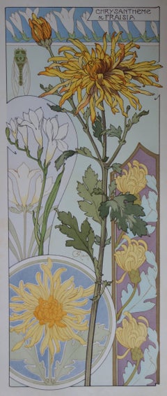 C RIOM: Chrysanthemen und Freesien - Original Lithographie - Jugendstil der 1890er Jahre