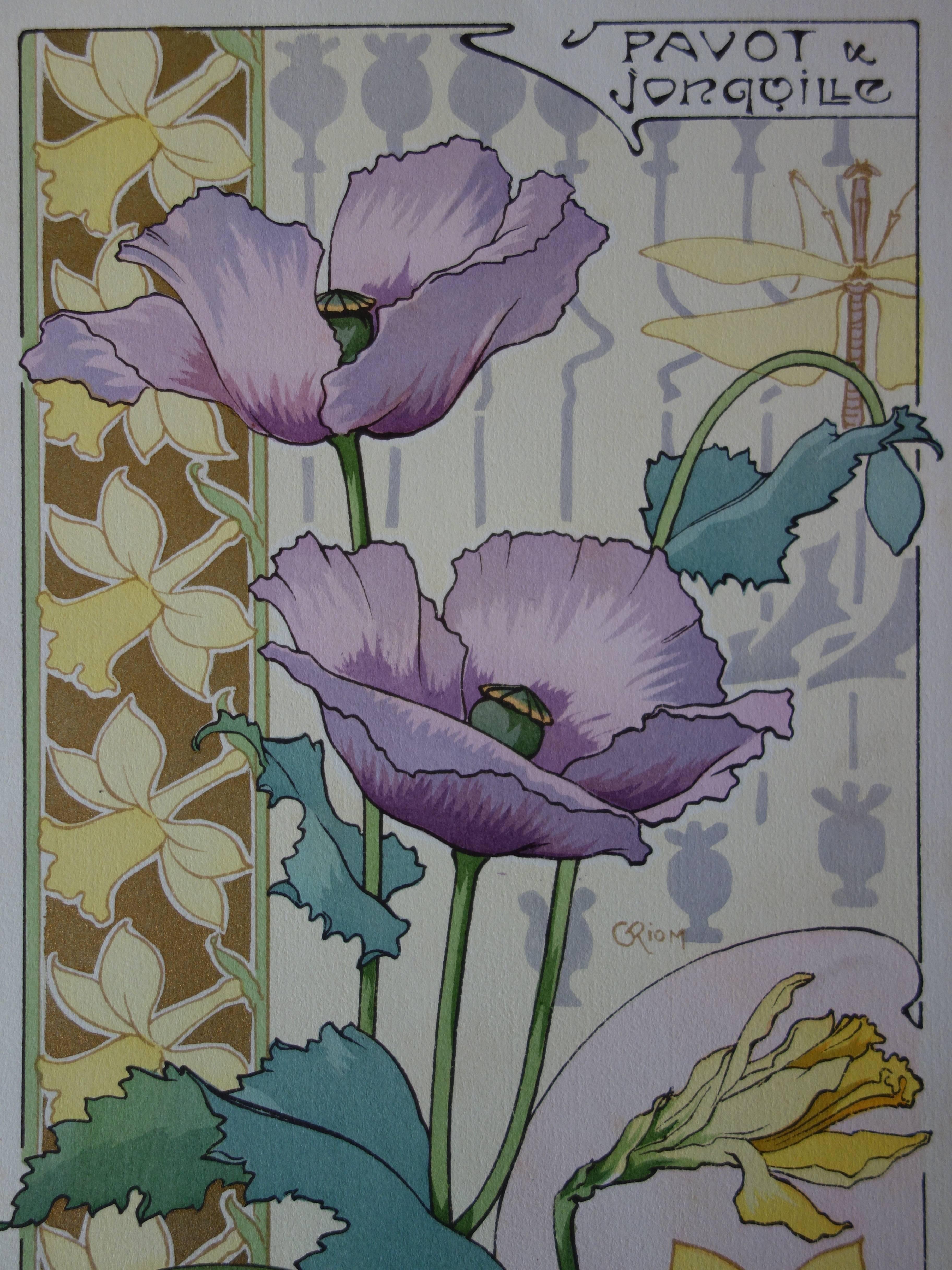 C RIOM : Poppies And Daffodils - Original Lithograph - Art Nouveau 1890s - Gray Interior Print by Unknown