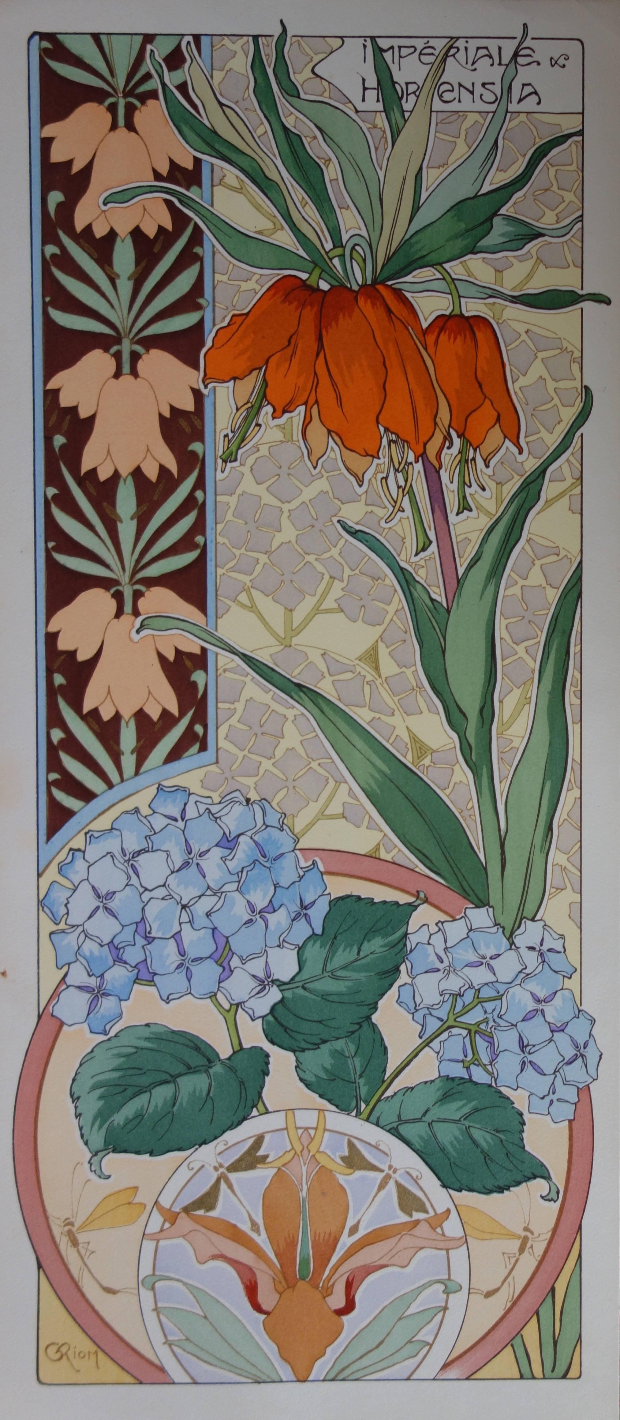 Unknown Still-Life Print - C RIOM : Imperial And Hydrangea - Original Lithograph - Art Nouveau 1890s