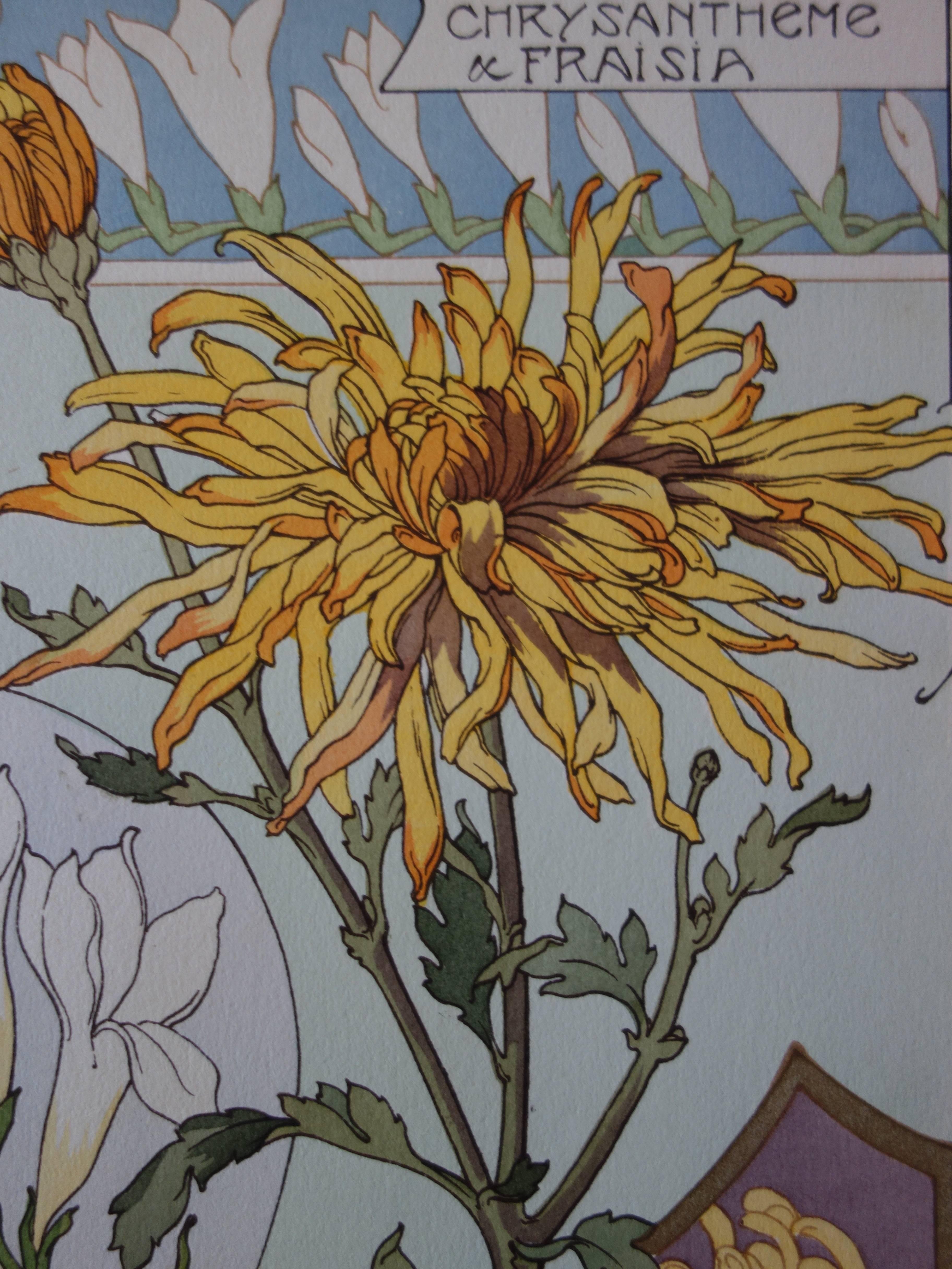 C Riom
Chrysanthemums And Freesias 

Original lithograph and watercolor stencil
Printed signature in the plate
On vellum 49 x 21.5 cm (c. 20 x 8