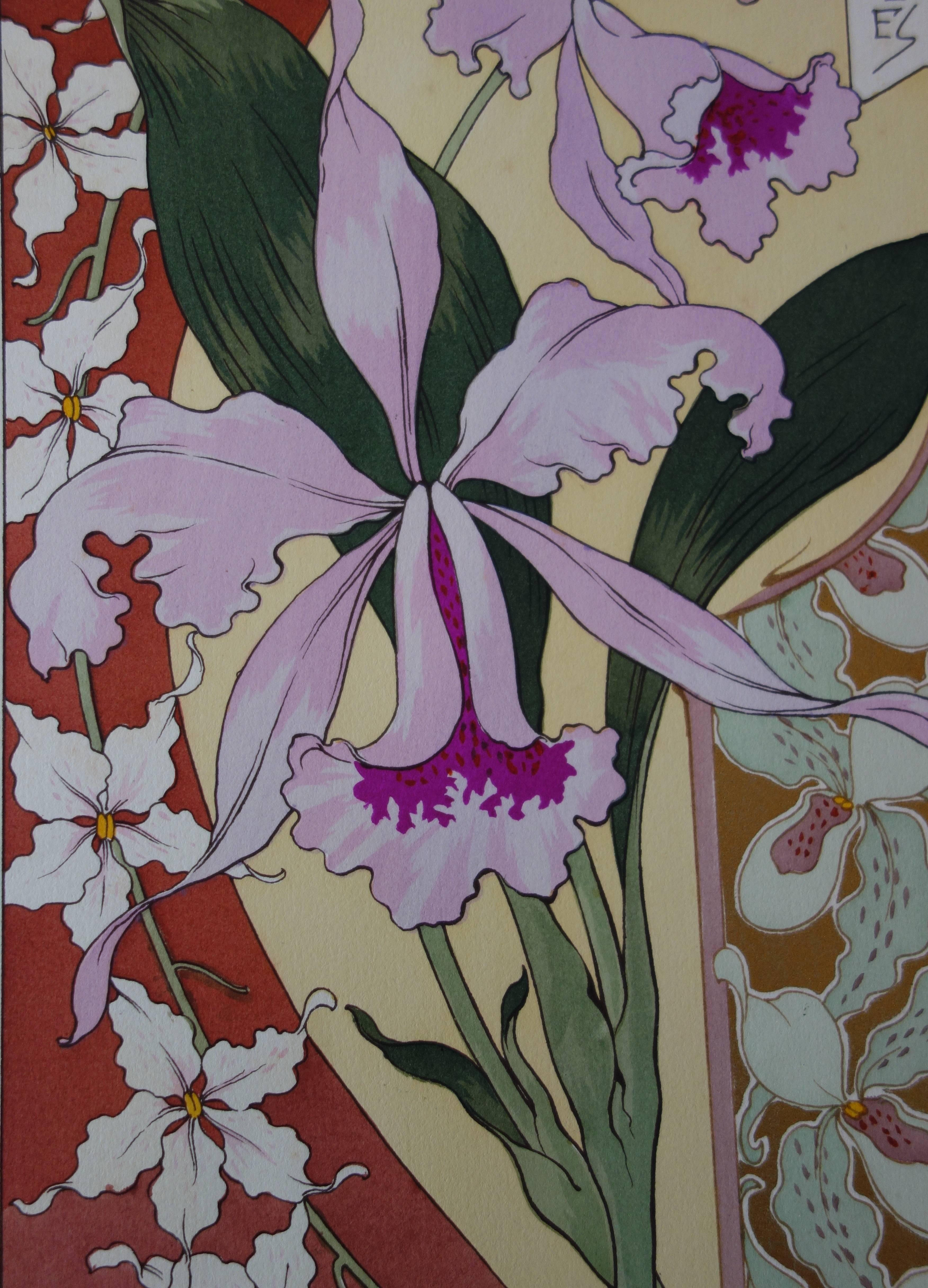 C RIOM : Orchids - Original Lithograph - Art Nouveau 1890s - Gray Still-Life Print by Unknown