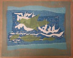 Vintage Ocean Birds and Ships - Original handsigned woodcut - 1975