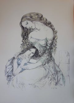 Mother and daughter - Original lithograph - 1964