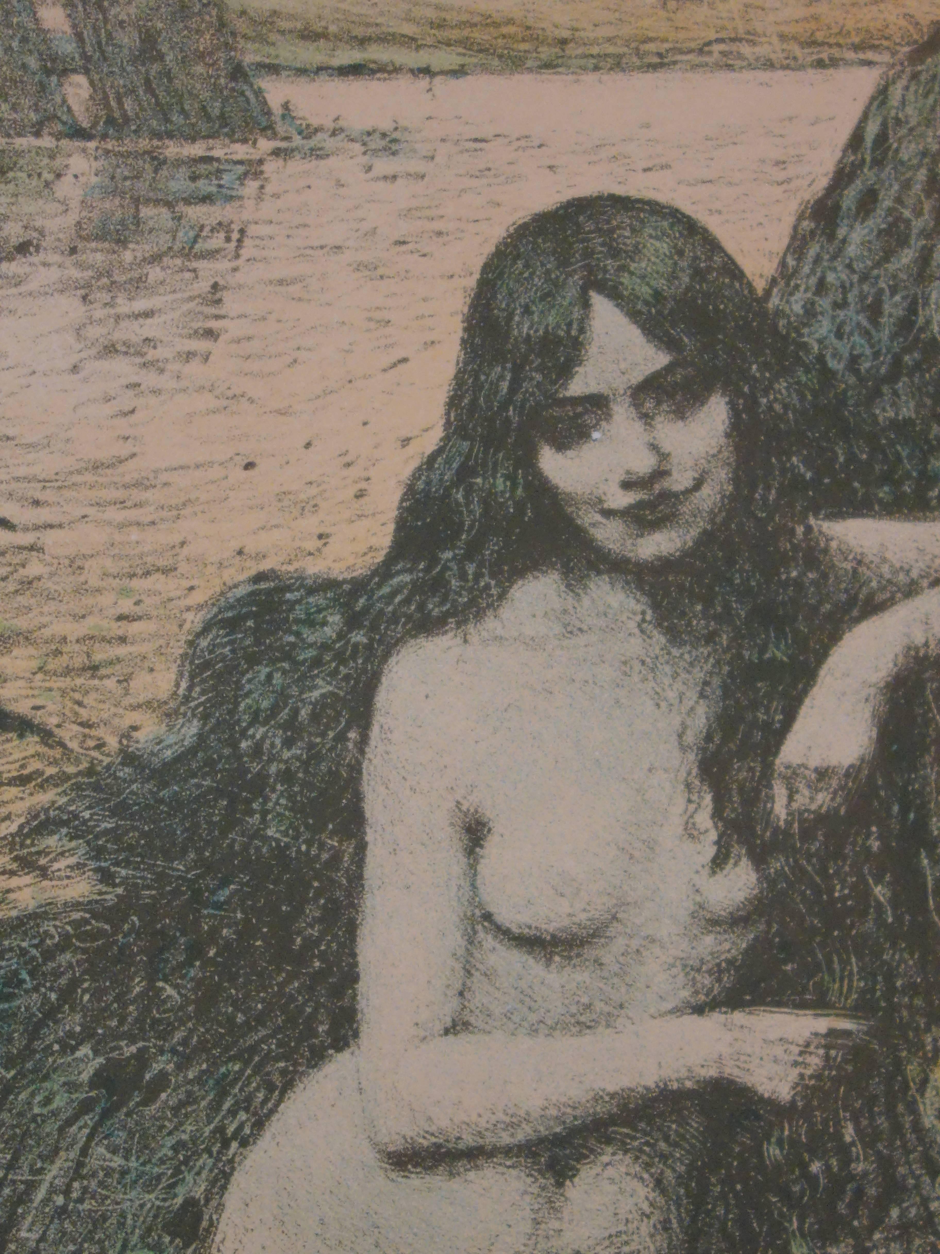 Mermaid - Original lithograph - 1897 - Gray Nude Print by Charles François Prosper Guérin