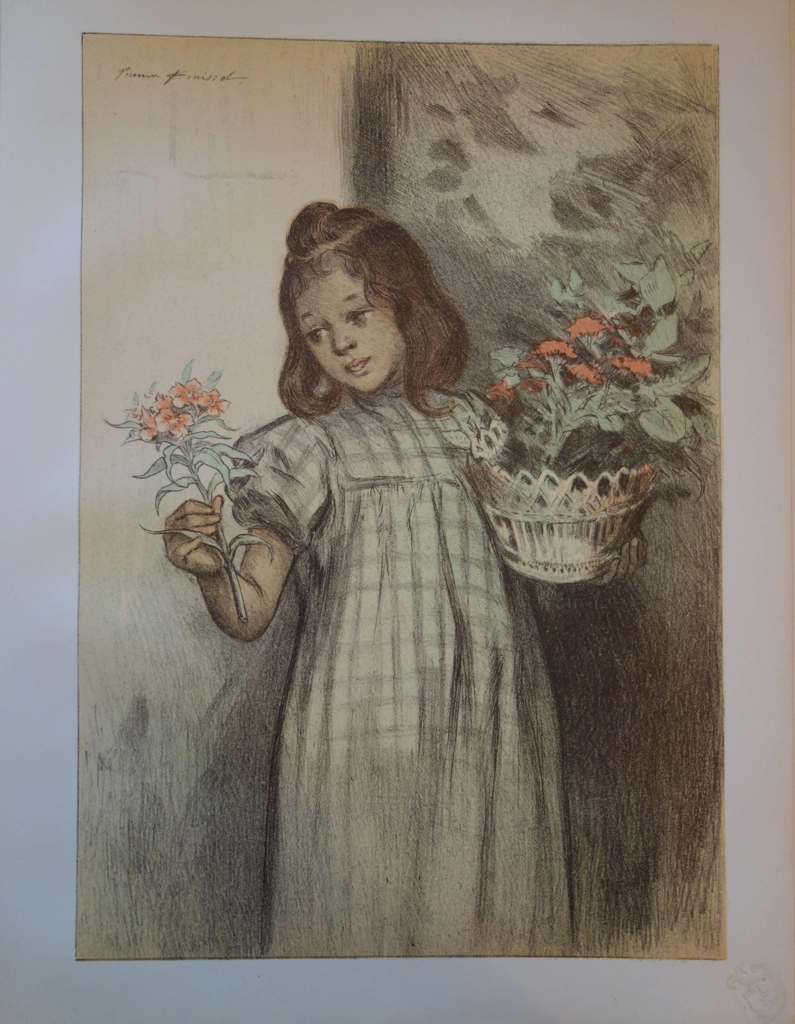 Firmin Bouisset Figurative Print - Young Girl with Flowers - Original lithograph - 1897