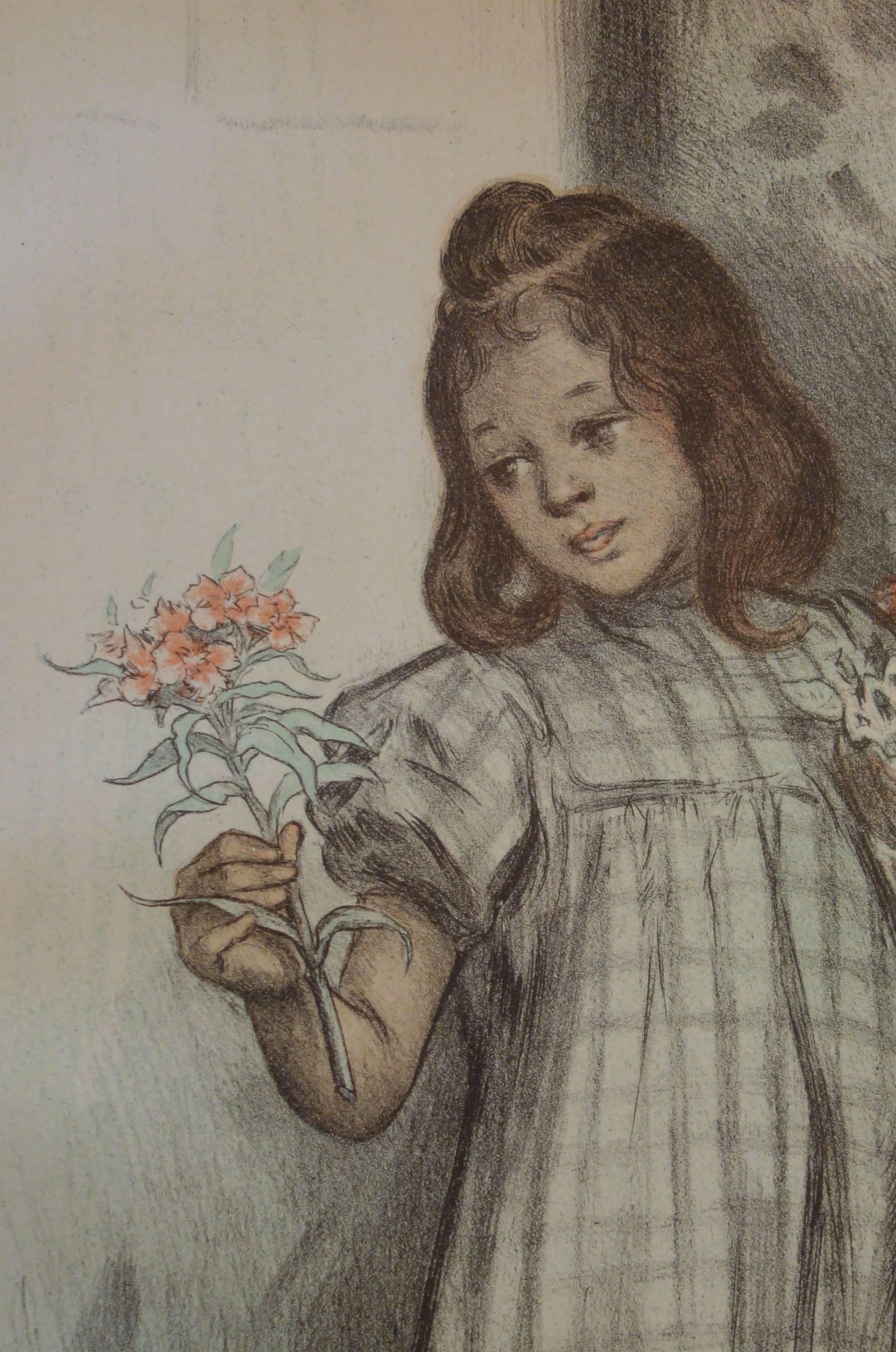 Jeune fille aux fleurs - Lithographie originale - 1897 - Gris Figurative Print par Firmin Bouisset