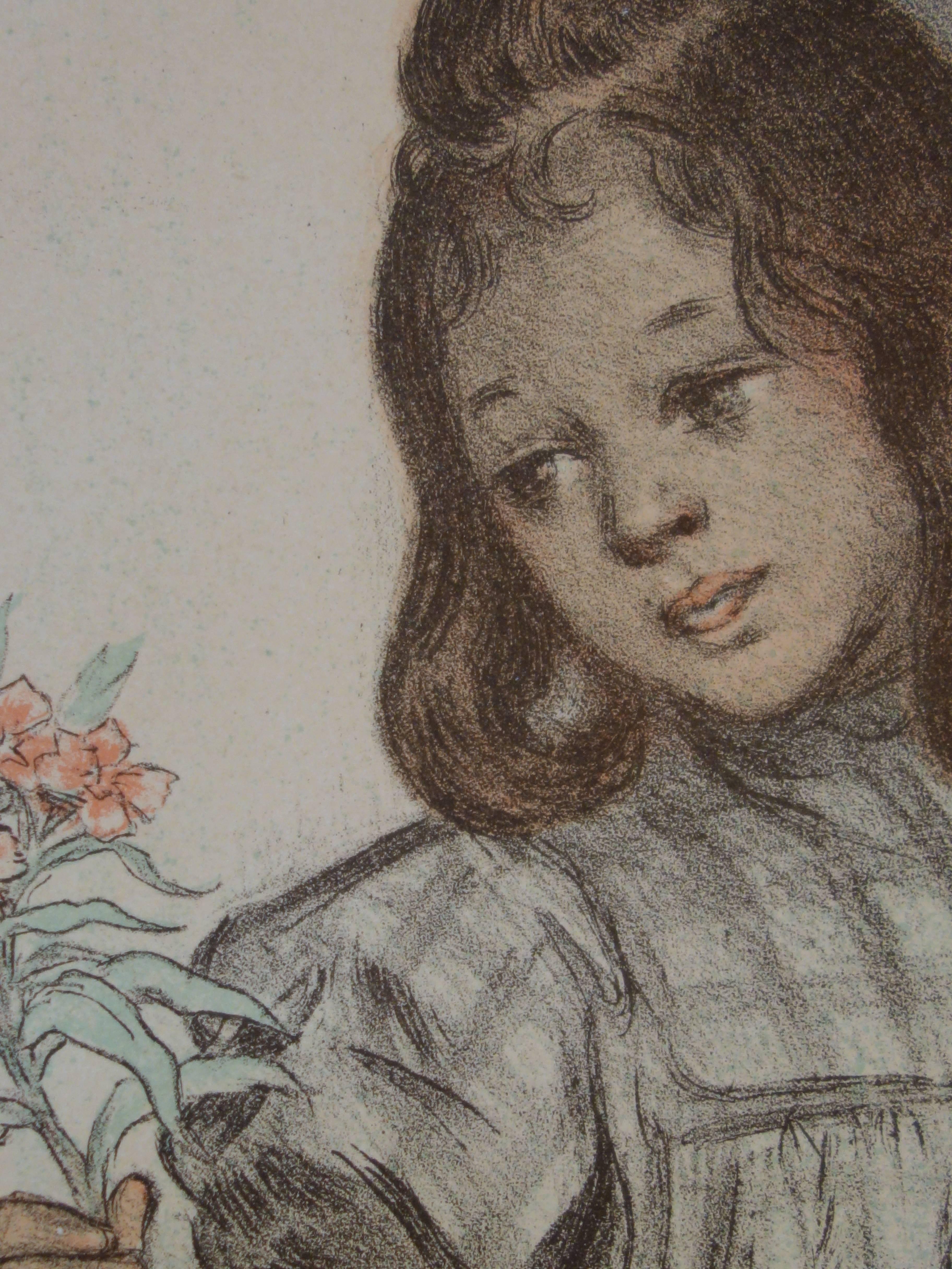 Young Girl with Flowers - Original lithograph - 1897 For Sale 1