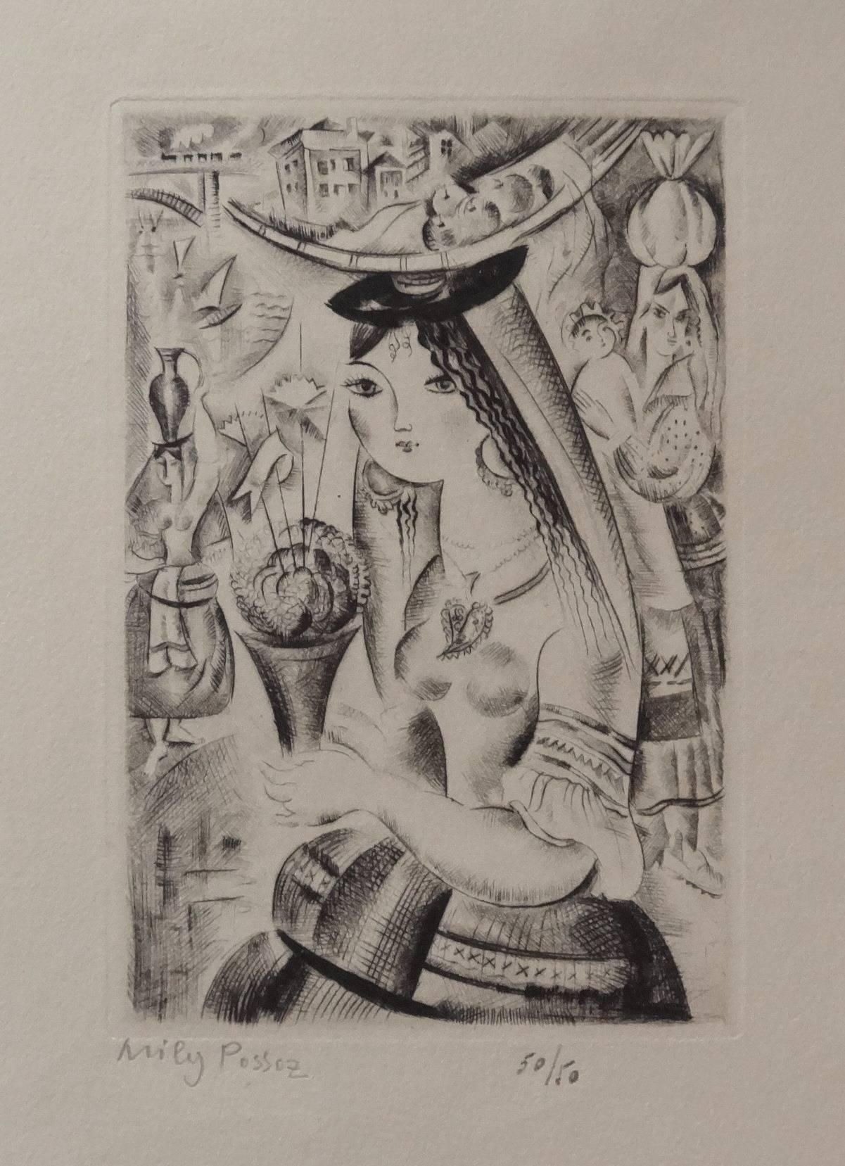 Young girl with basil - Original etching, Handsigned