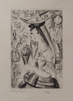 Young girl with basil - Original etching, Handsigned