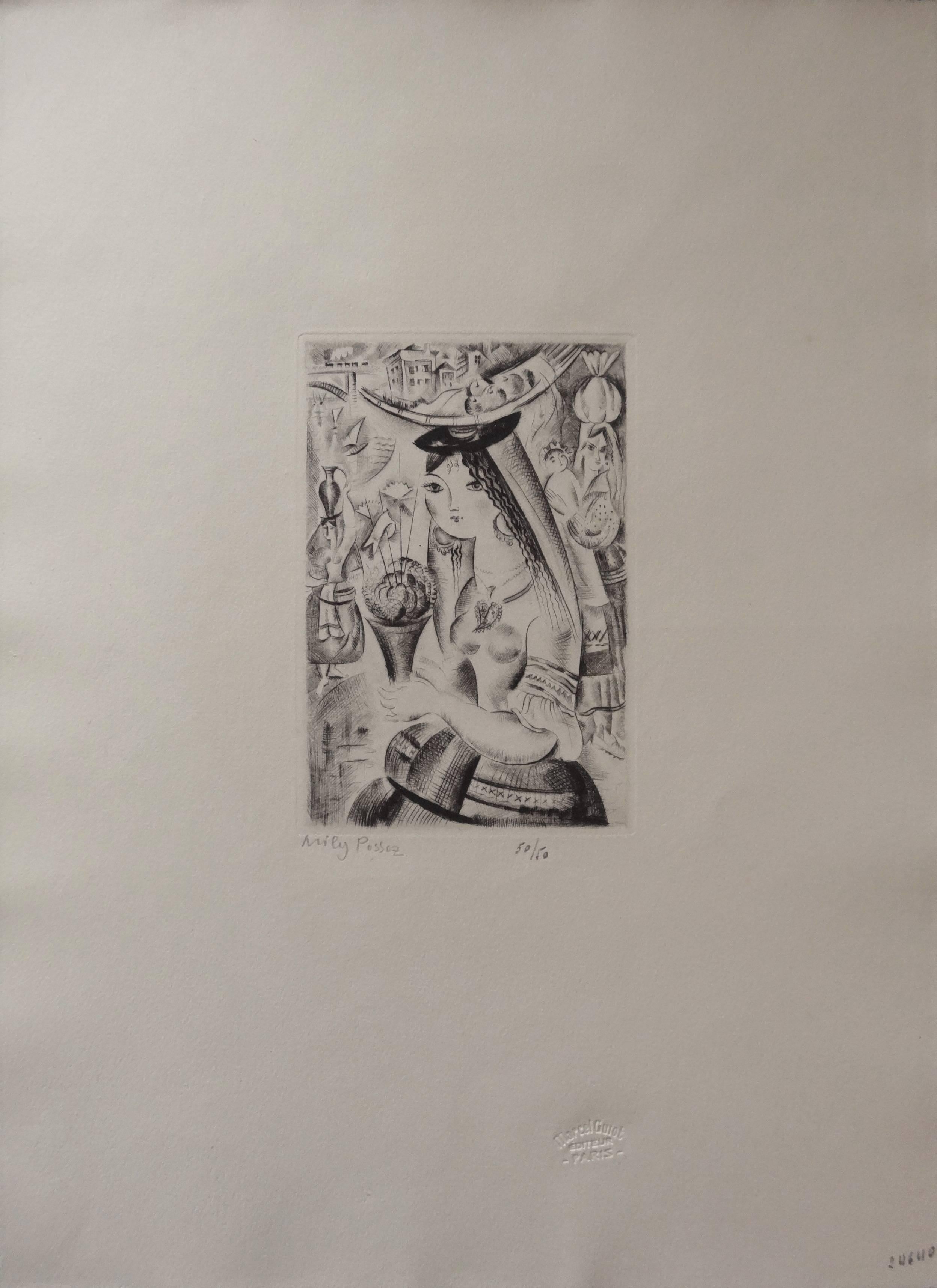Joven con albahaca - Grabado original, Firmado a mano - Print Realista de Mily Possoz