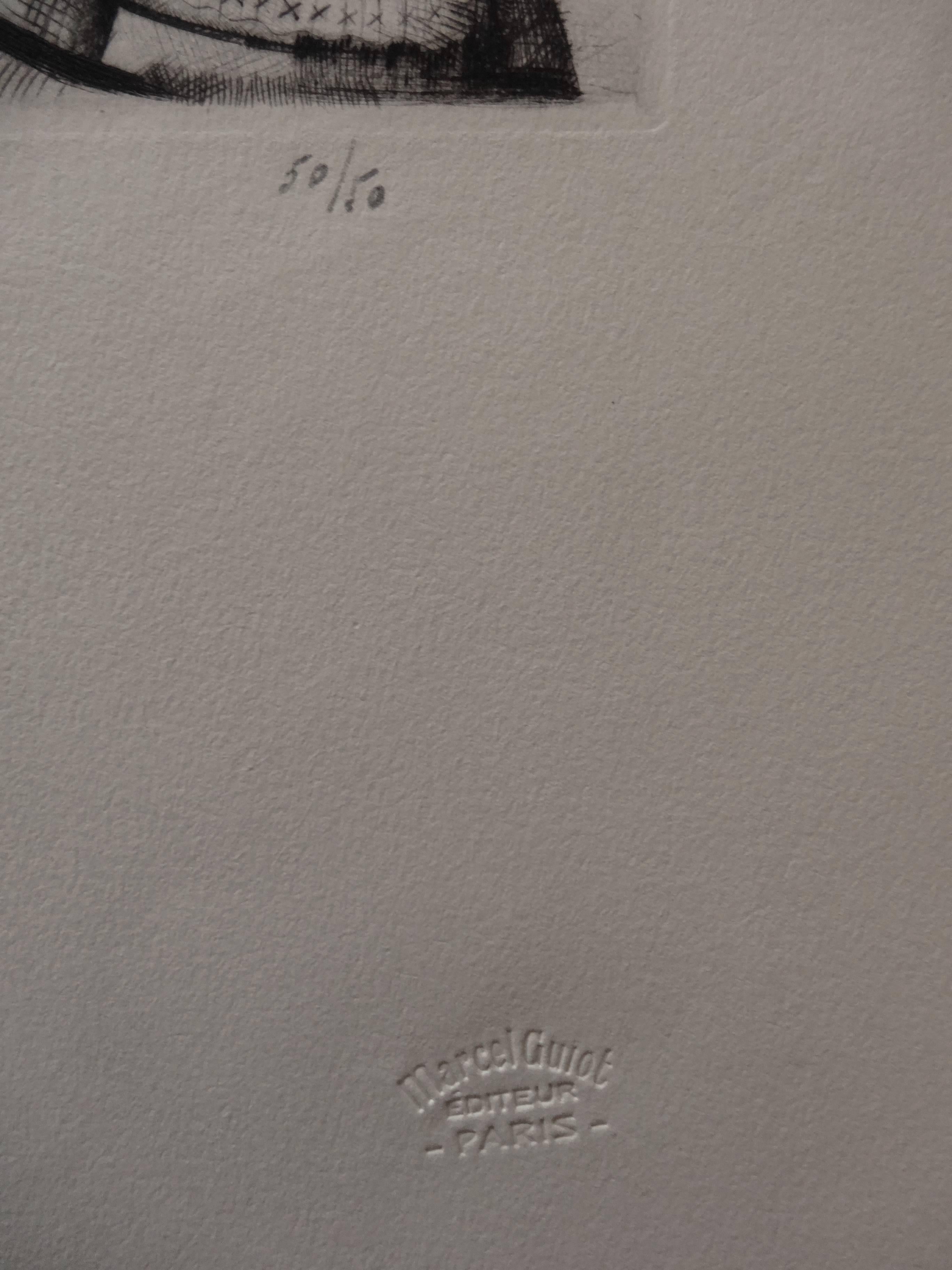 Joven con albahaca - Grabado original, Firmado a mano - Figurative Print Gris de Mily Possoz