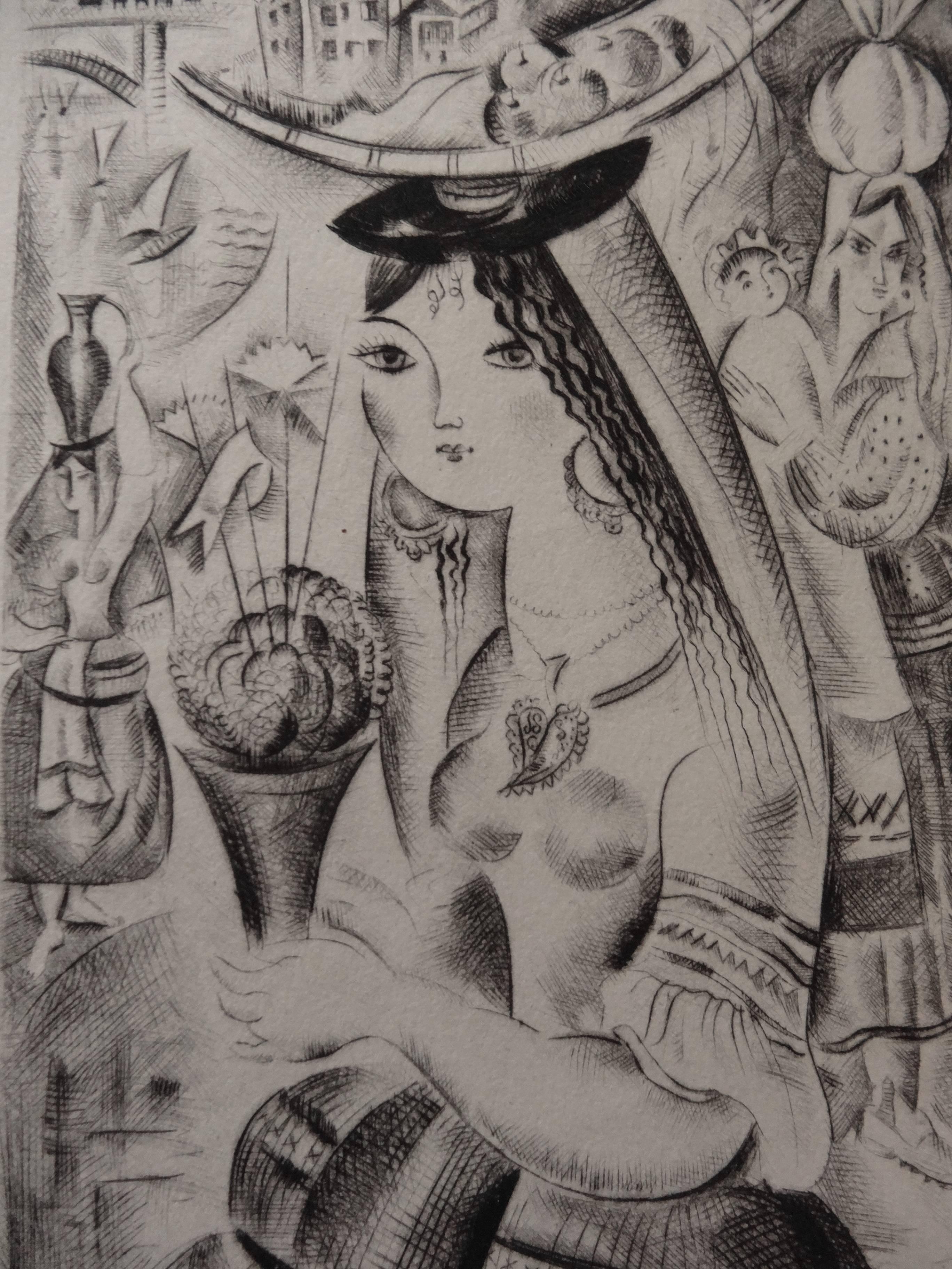 Young girl with basil - Original etching, Handsigned For Sale 1