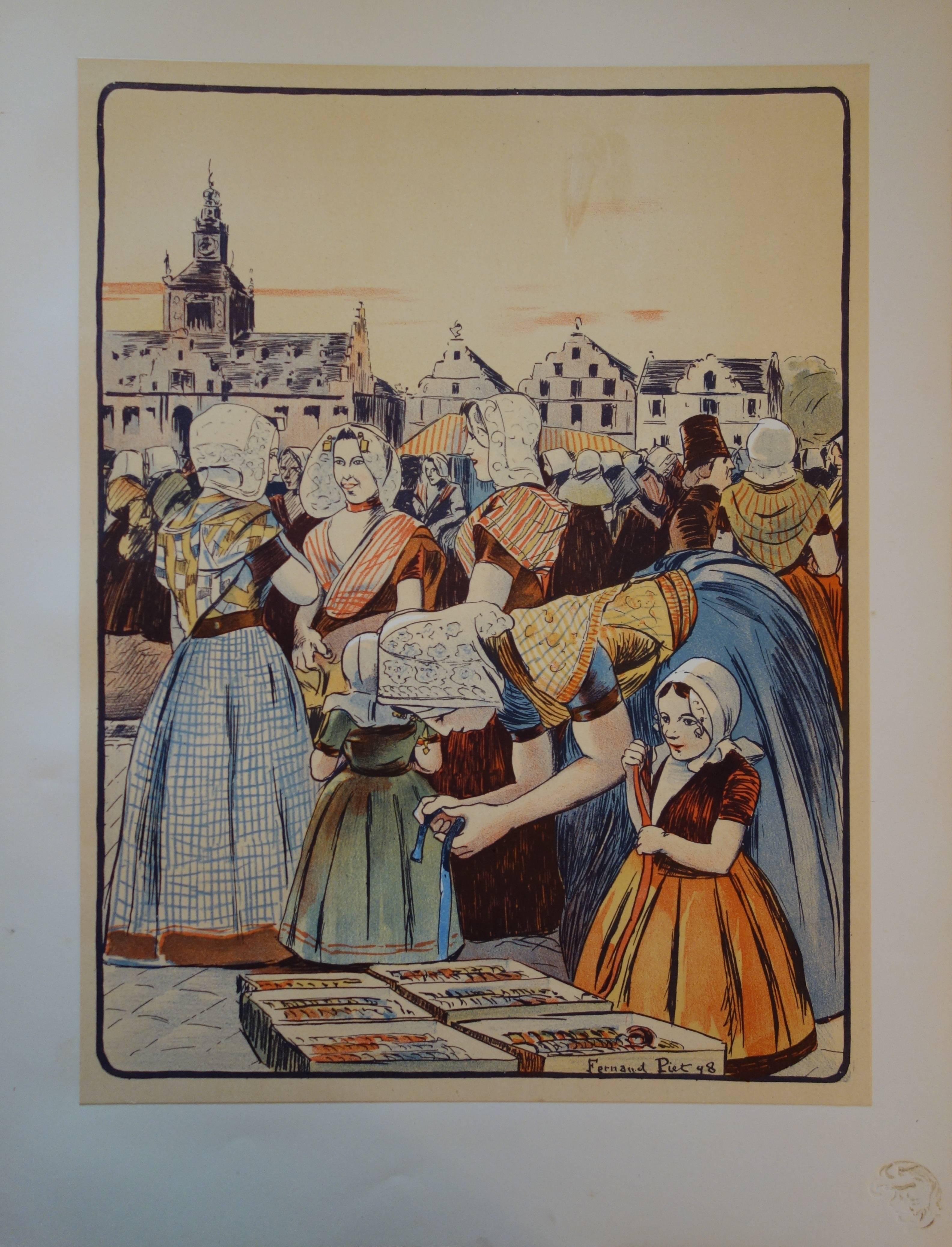 Fernand Piet Figurative Print - Un marché en Zélande -  original lithograph (1897/98)