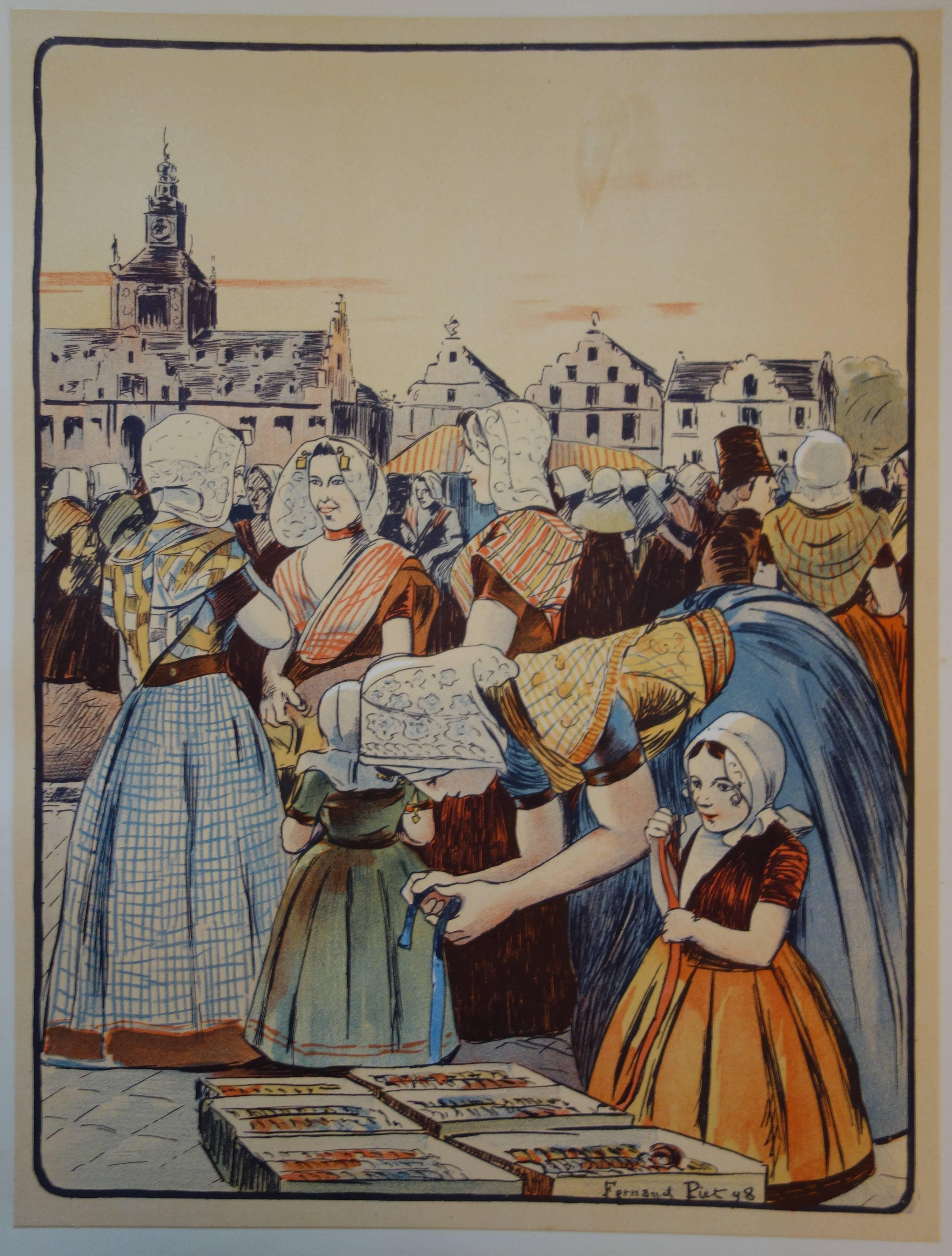 Un marché en Zélande -  original lithograph (1897/98) - Print by Fernand Piet