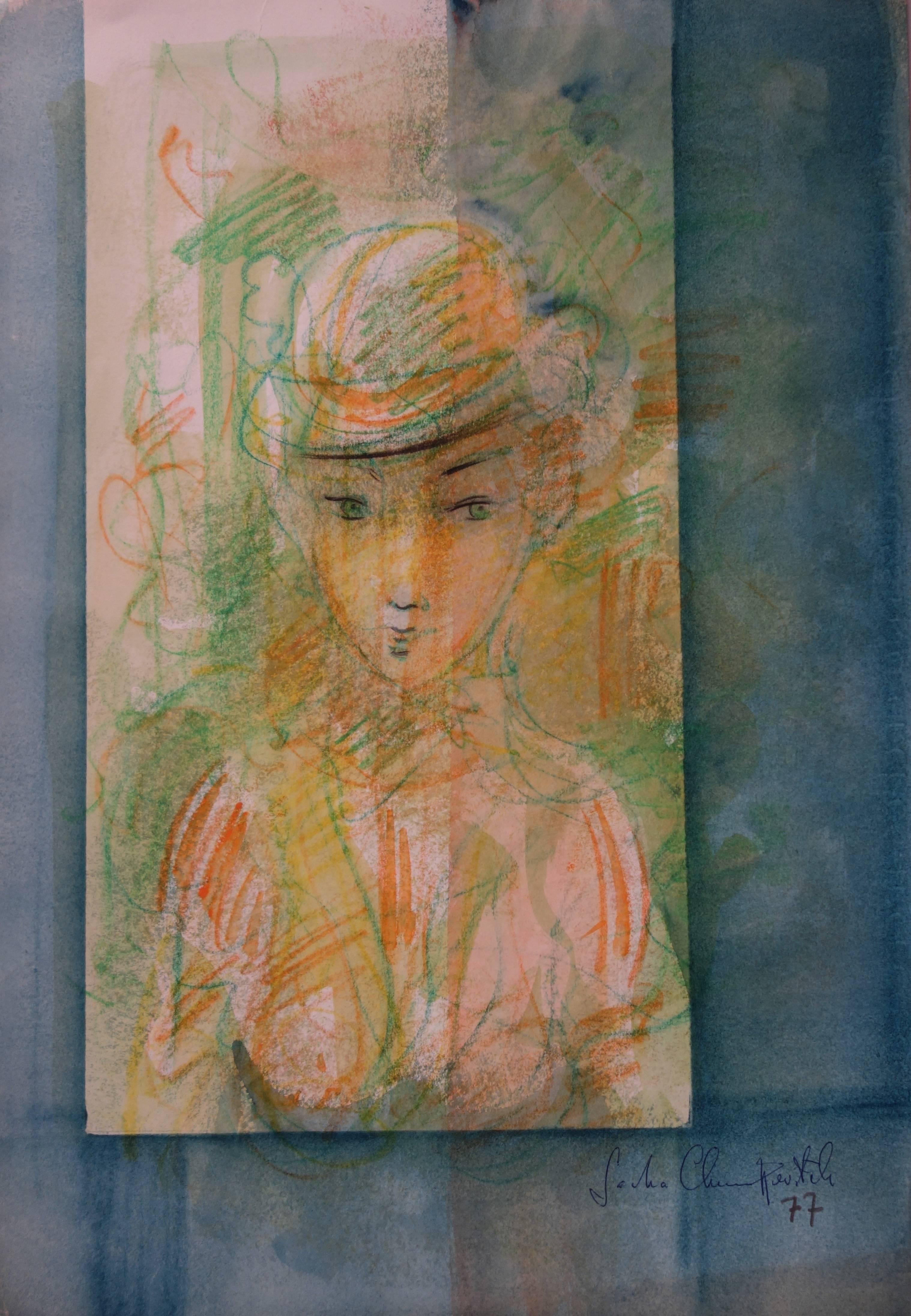 Woman With a Hat at The Window - Original signed Watercolor - 1977 - Realist Art by Sacha Chimkevitch