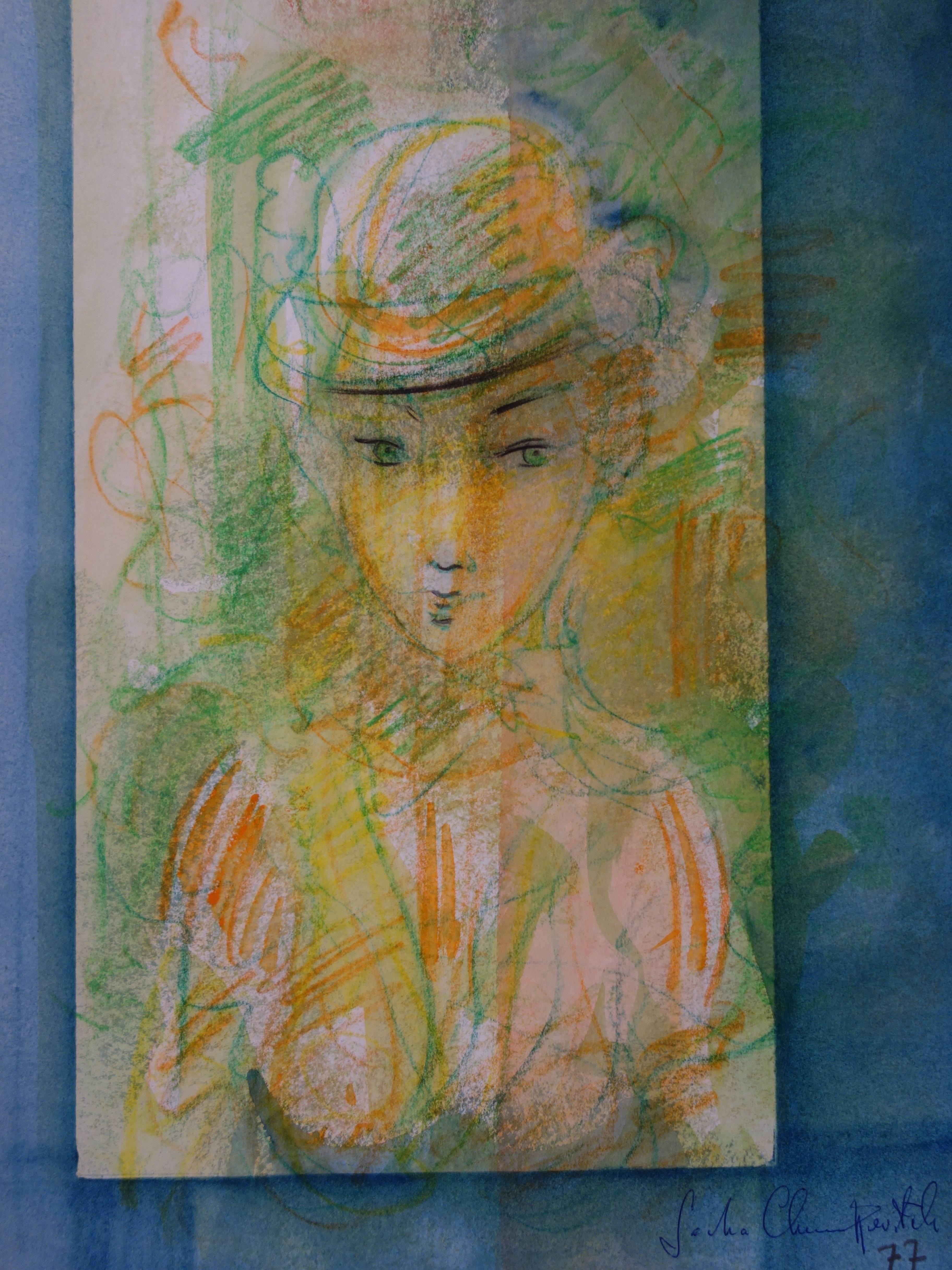 Sacha Chimkevitch Portrait - Woman With a Hat at The Window - Original signed Watercolor - 1977
