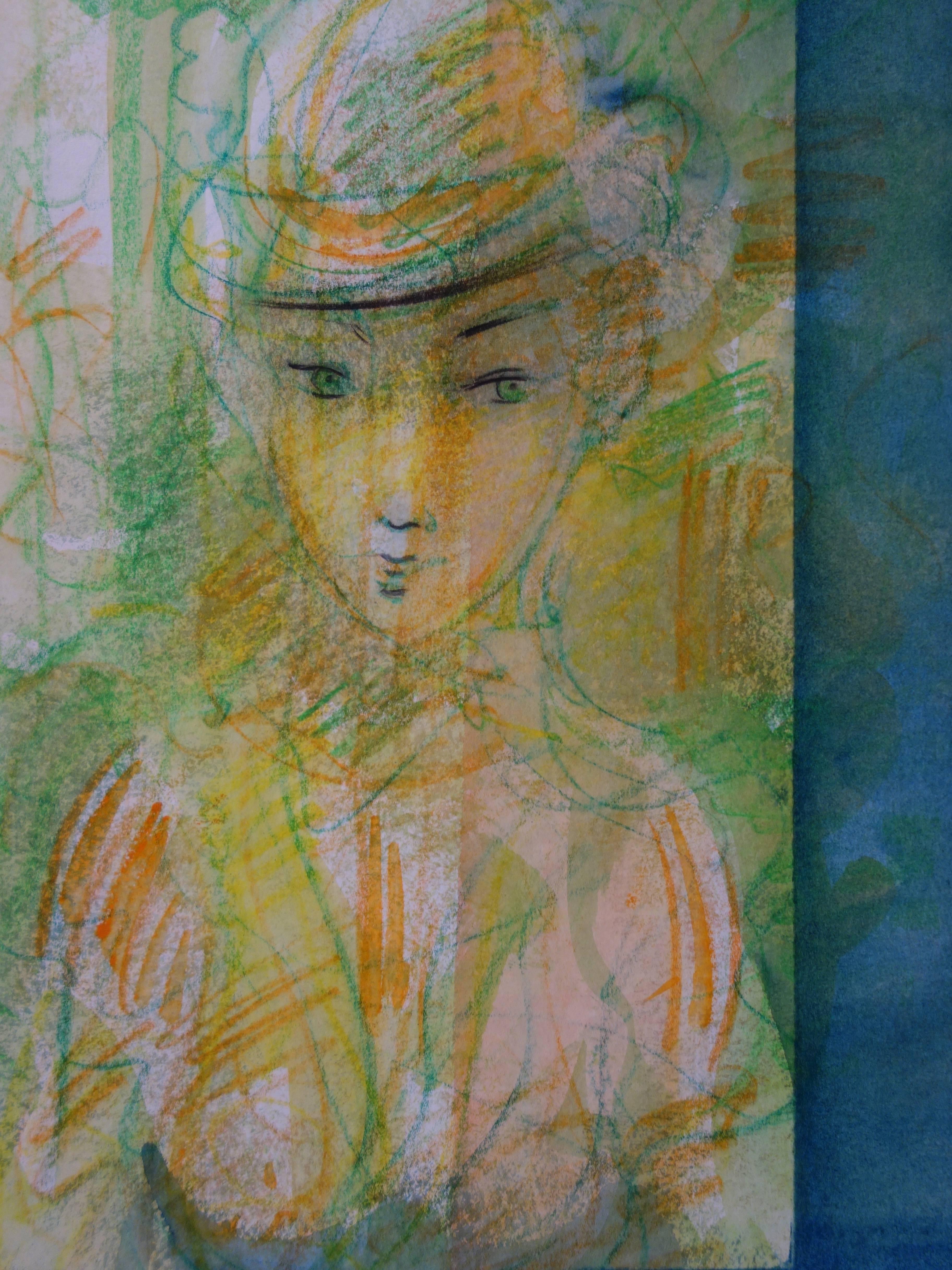 Woman With a Hat at The Window - Original signed Watercolor - 1977 - Brown Portrait by Sacha Chimkevitch