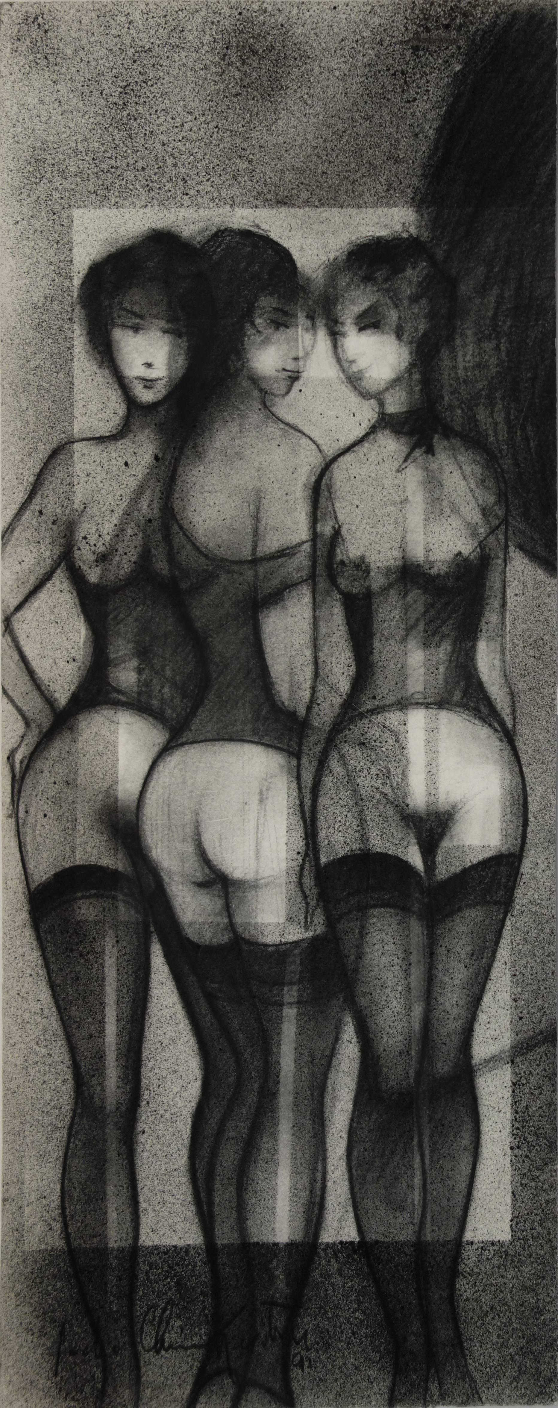 Sacha Chimkevitch Nude - Three Graces with Garters - Original Signed Charcoal Drawing - 1991