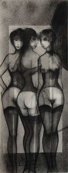 Three Graces with Garters - Original Signed Charcoal Drawing - 1991