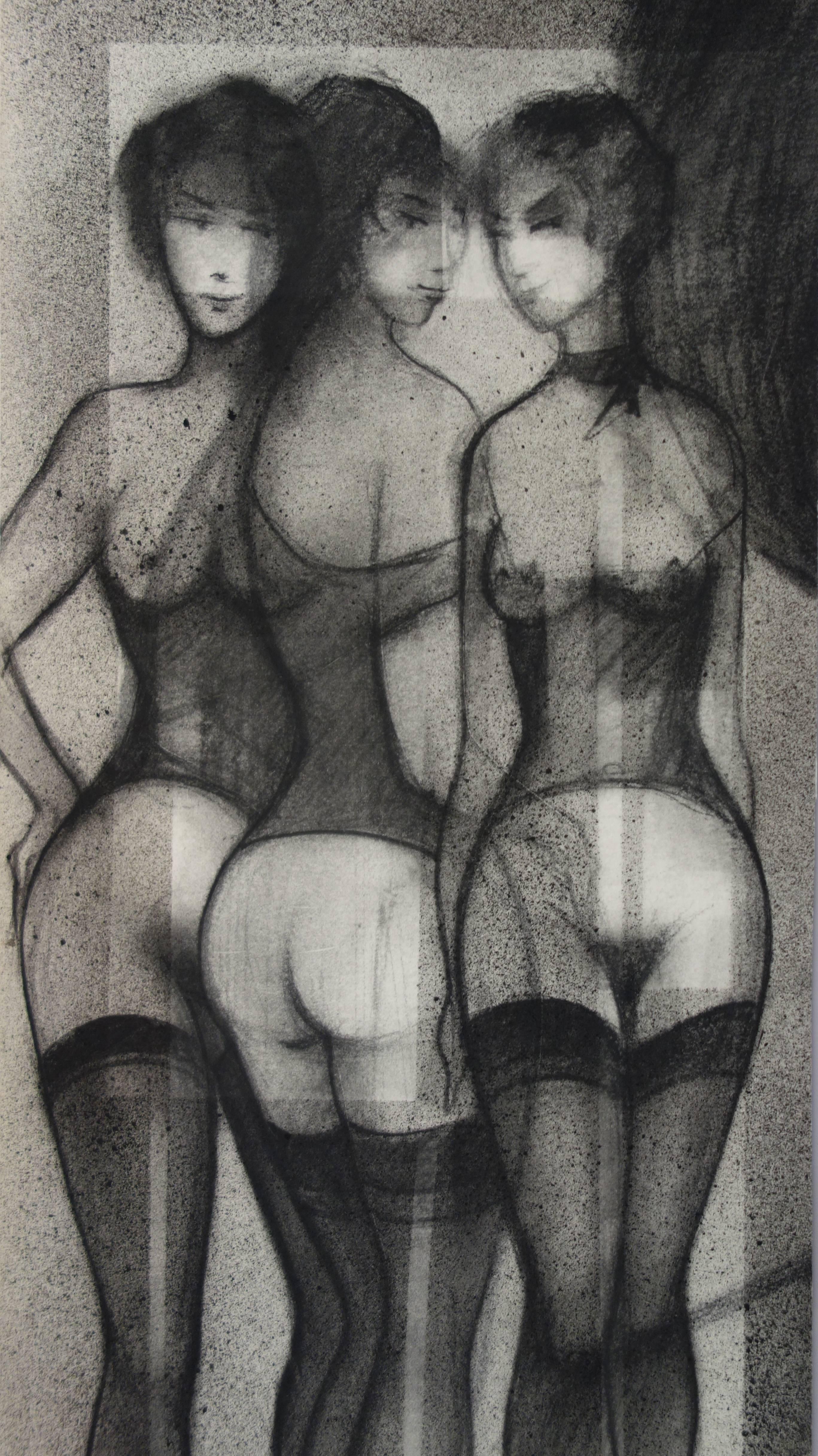 Three Graces with Garters - Original Signed Charcoal Drawing - 1991 - Realist Art by Sacha Chimkevitch