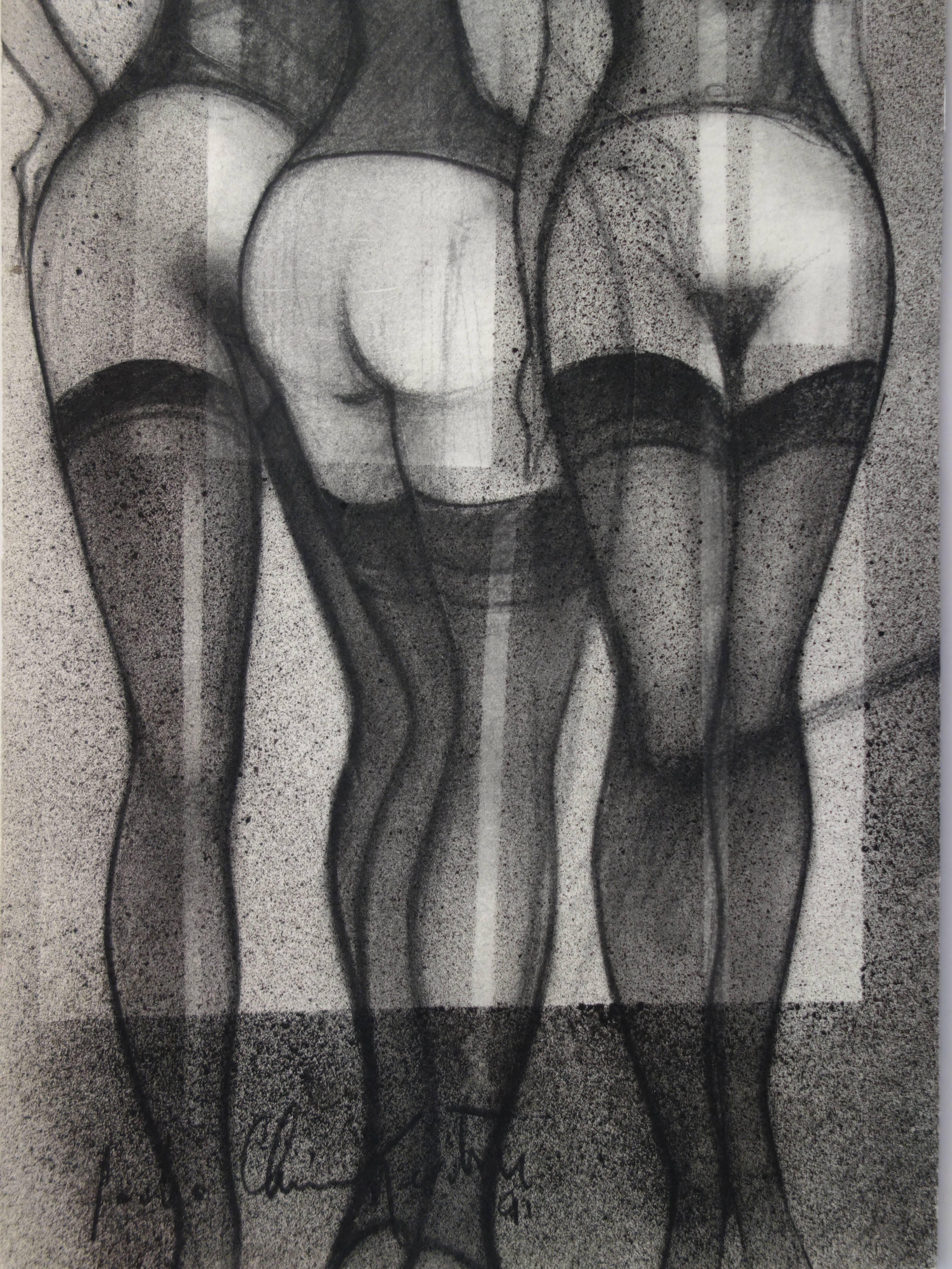 Three Graces with Garters - Original Signed Charcoal Drawing - 1991 - Black Nude by Sacha Chimkevitch