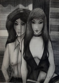 Seductive Women - Original signed charcoal drawing - 1979