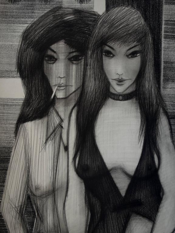 Seductive Women - Original signed charcoal drawing - 1979 - Realist Art by Sacha Chimkevitch