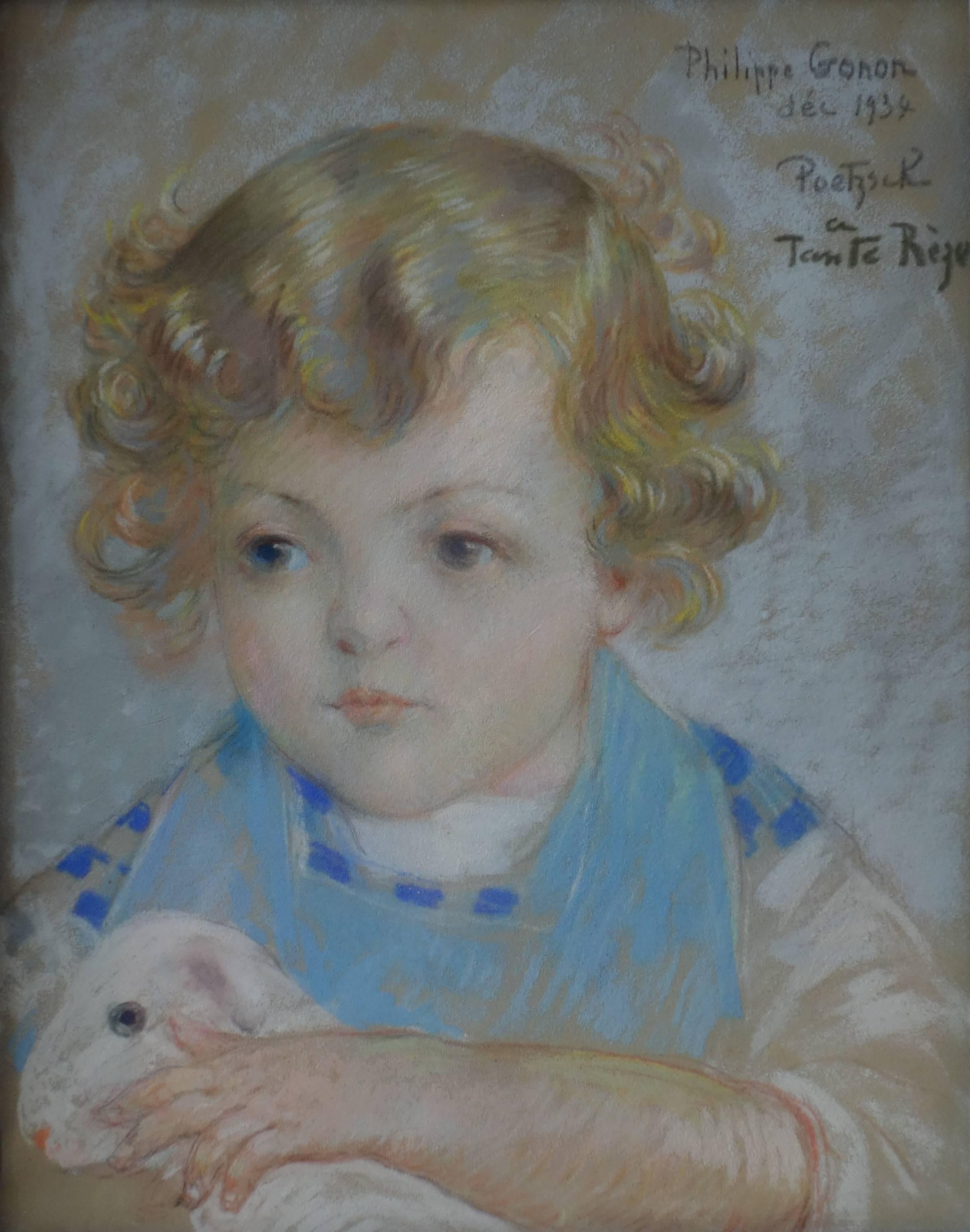 Gustave Poetzsch Portrait – Blonder blondhaariger Junge mit einem Lamm - Original signierte Kohlezeichnung - 1934