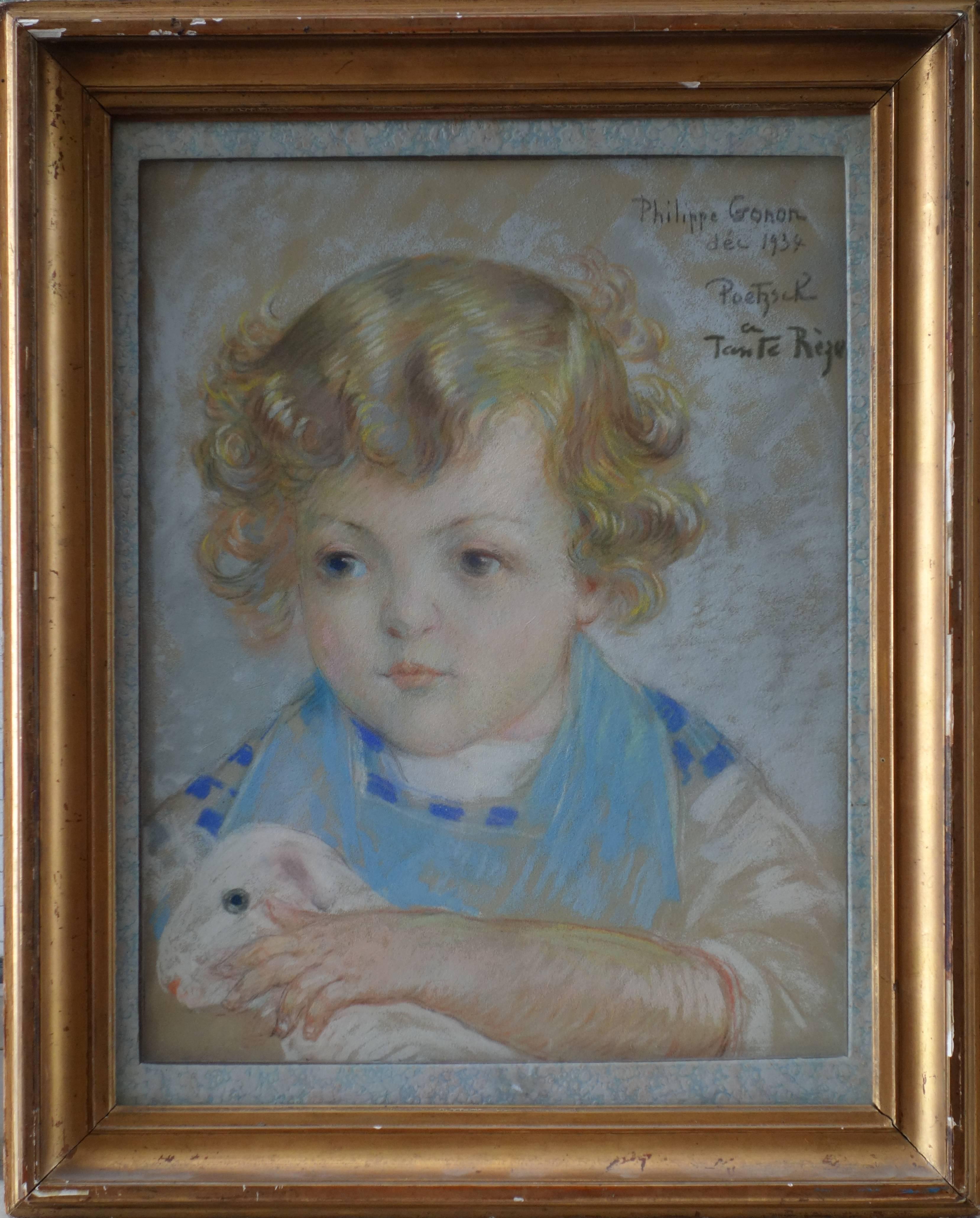 Jeune garçon aux cheveux blonds avec un agneau - dessin original signé au fusain - 1934 - Réalisme Art par Gustave Poetzsch