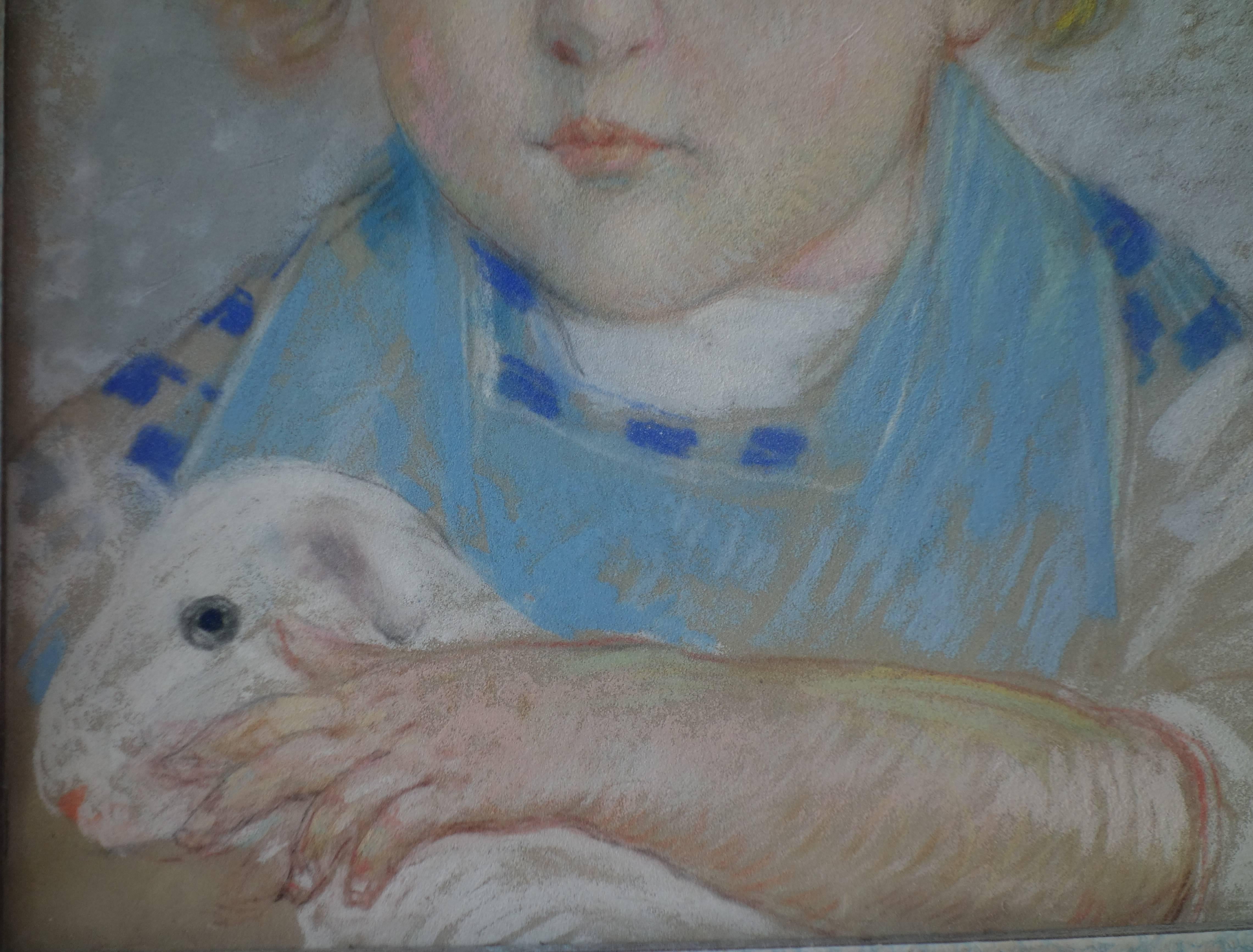 Jeune garçon aux cheveux blonds avec un agneau - dessin original signé au fusain - 1934 4