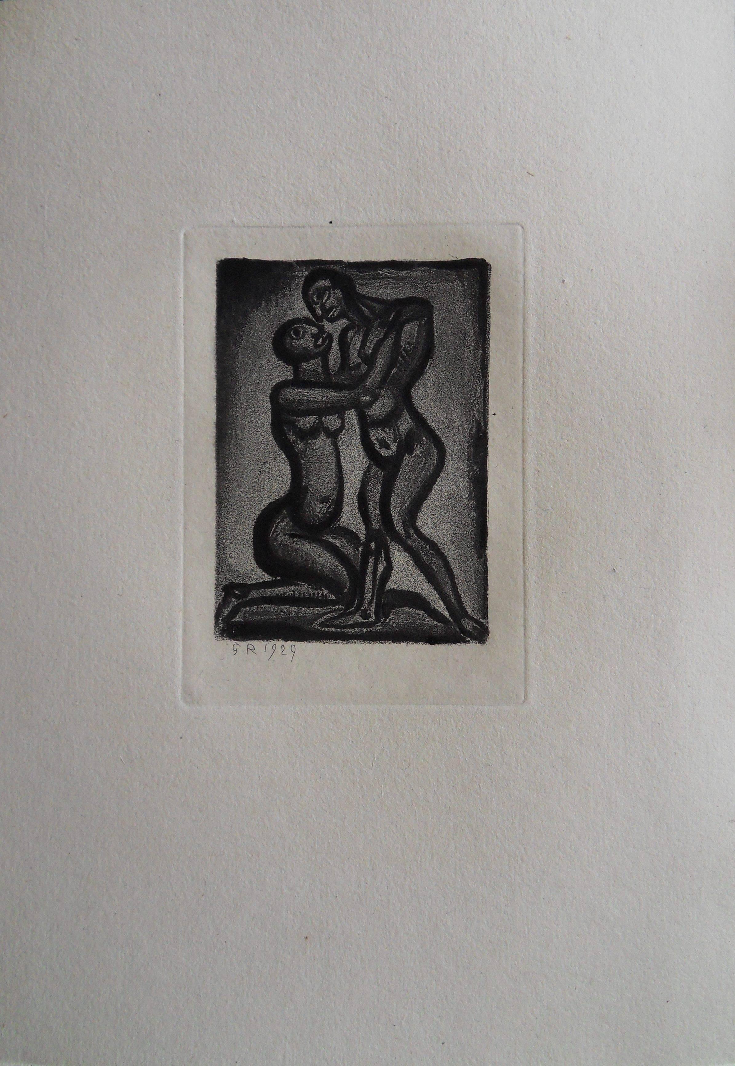 Couple Hugging - Original etching - 1929 - Realist Print by Georges Rouault