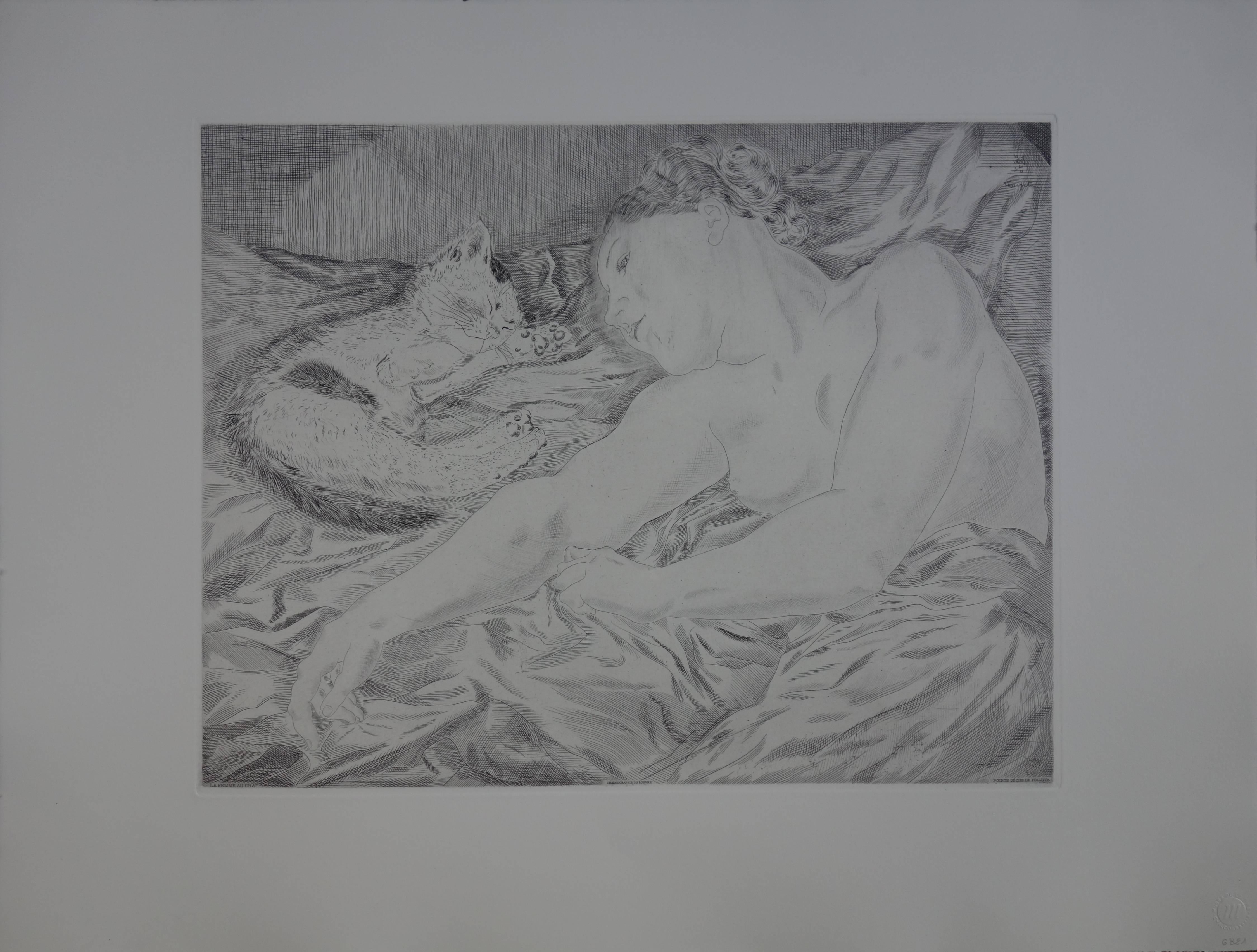 Leonard Tsuguharu Foujita Figurative Print - Woman Asleep With a Cat - Original etching