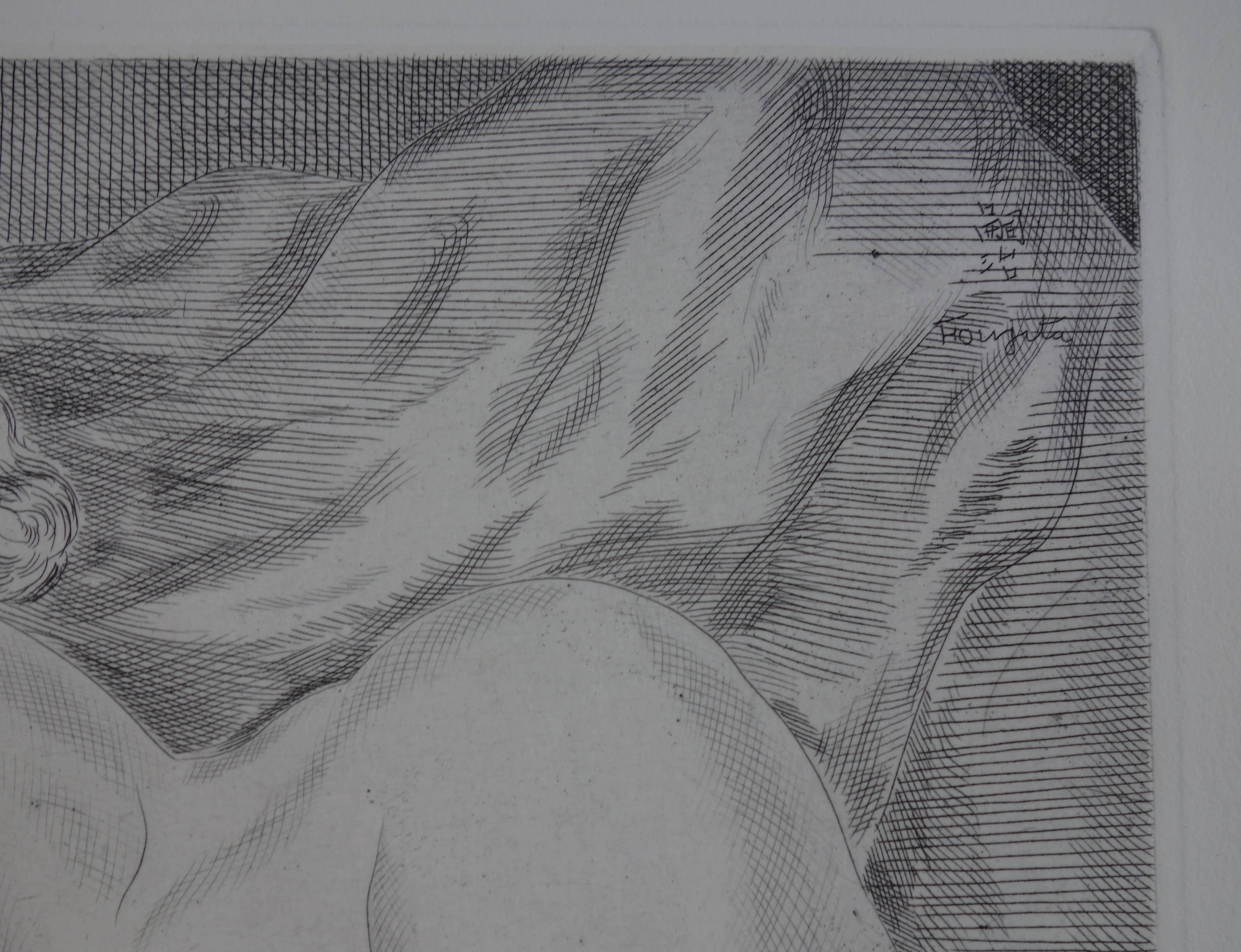 Woman Asleep With a Cat - Original etching - Print by Leonard Tsuguharu Foujita