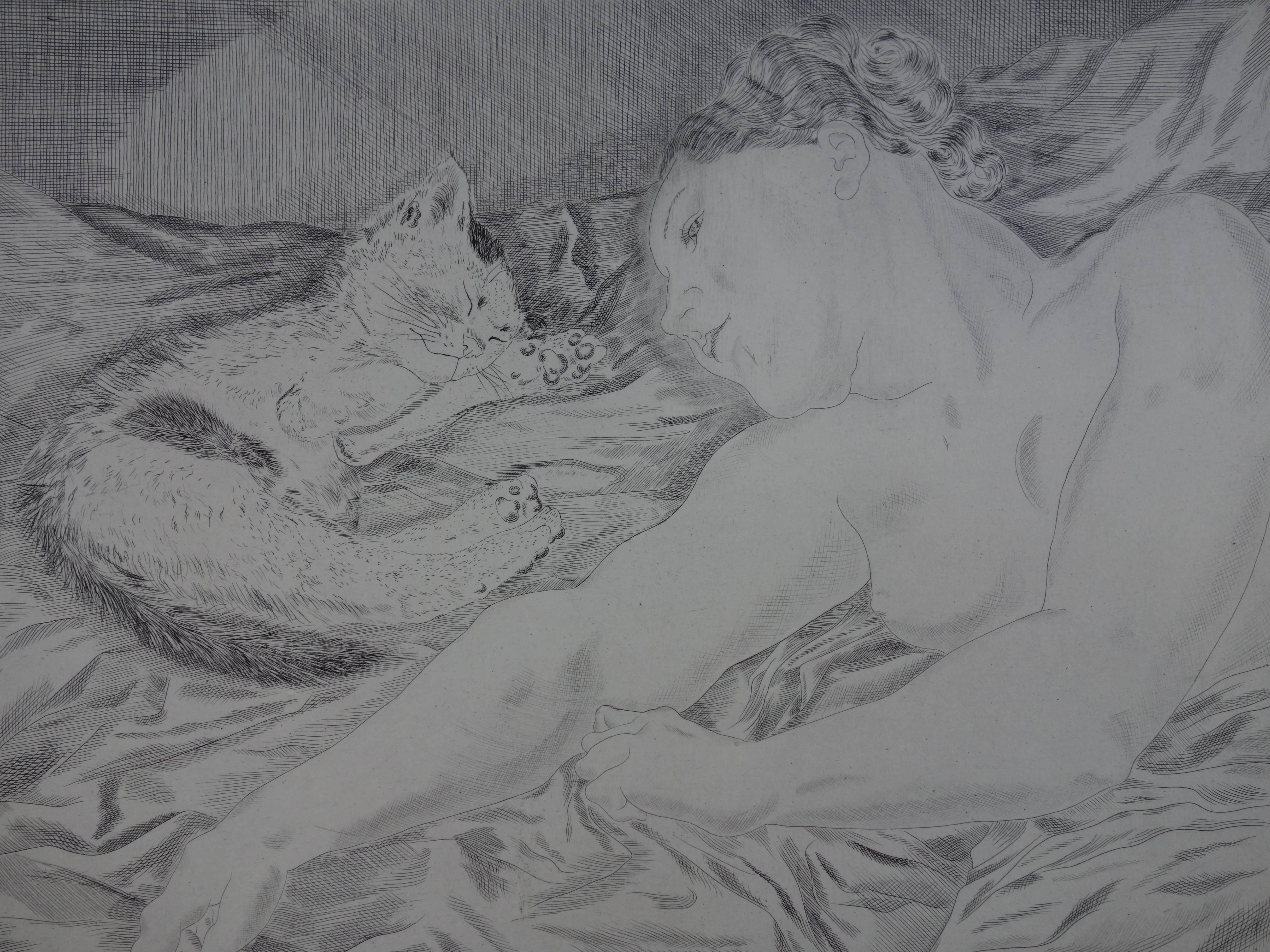 Woman Asleep With a Cat - Original etching - Gray Figurative Print by Leonard Tsuguharu Foujita