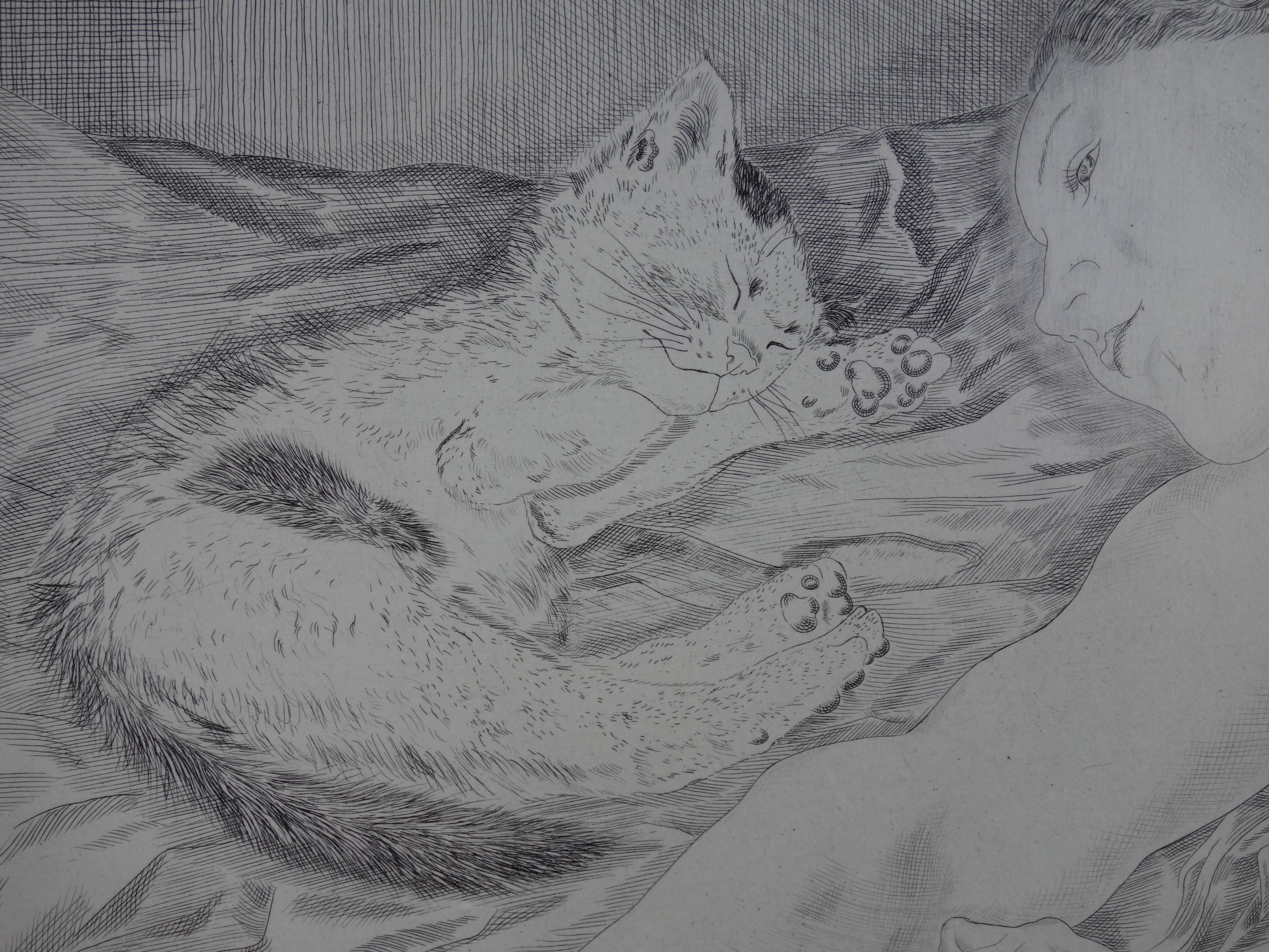Leonard Tsuguharu FOUJITA
Woman asleep with a cat

Original drypoint etching
Printed signature in the plate
On vellum 50 x 65 cm (c. 20 x 26in)
Rare proof on Japan paper applied on vellum
Posthumous edition by Chalcographie du Louvre, authenticated