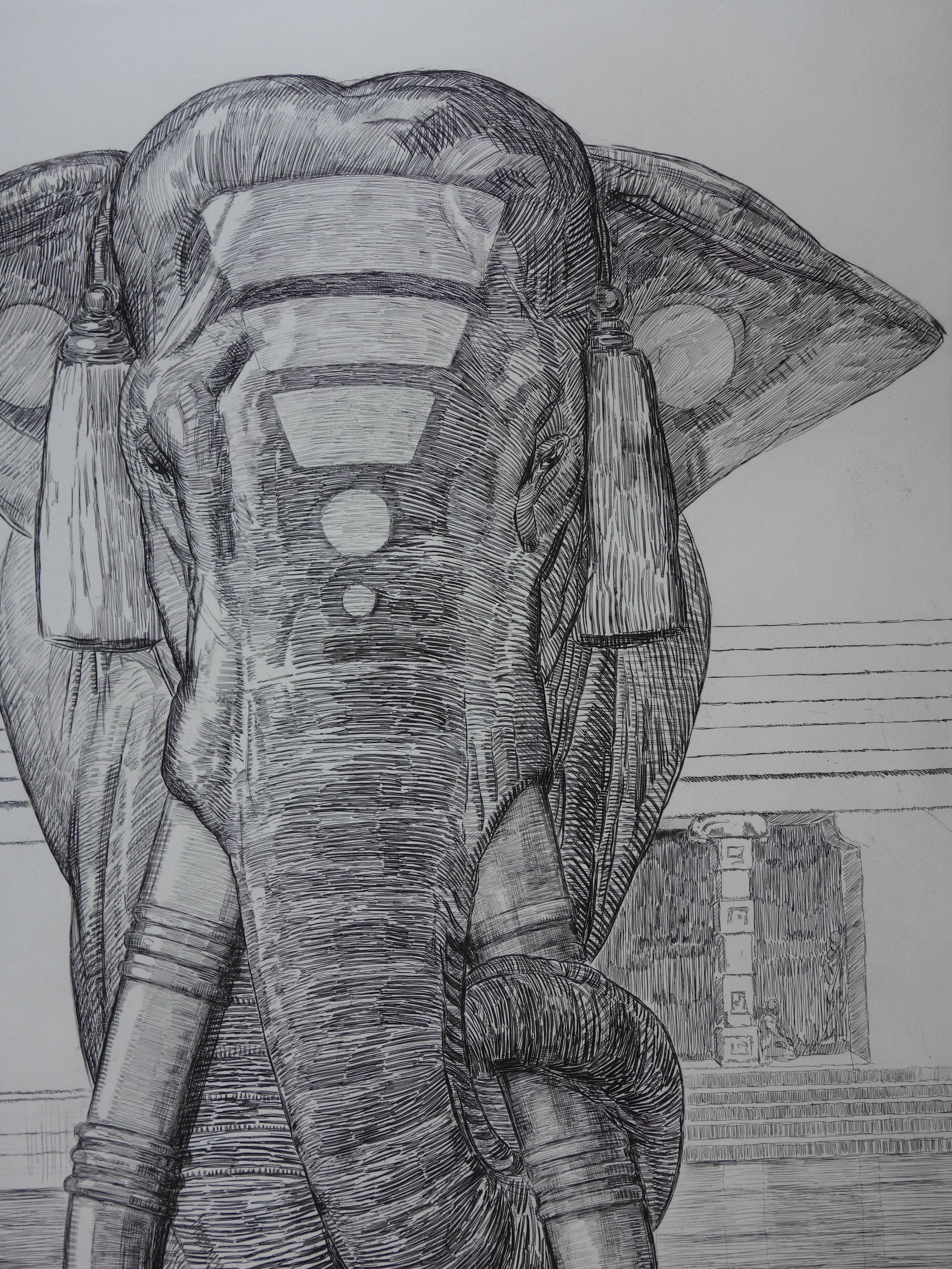 Elephant of Siva Temple - Original etching - Art Nouveau Print by Pierre-Paul Jouve