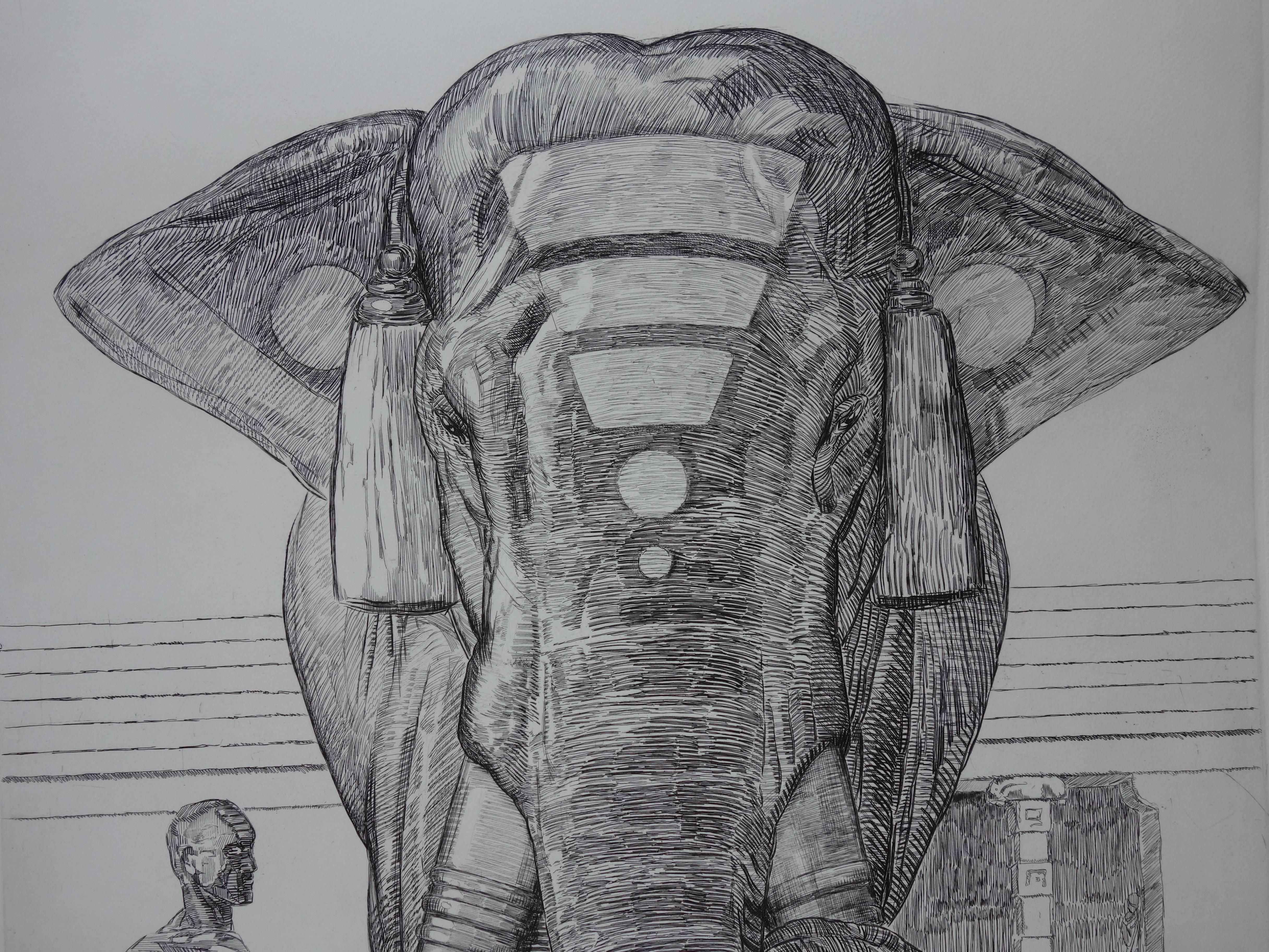 Elephant of Siva Temple - Original etching - Gray Animal Print by Pierre-Paul Jouve