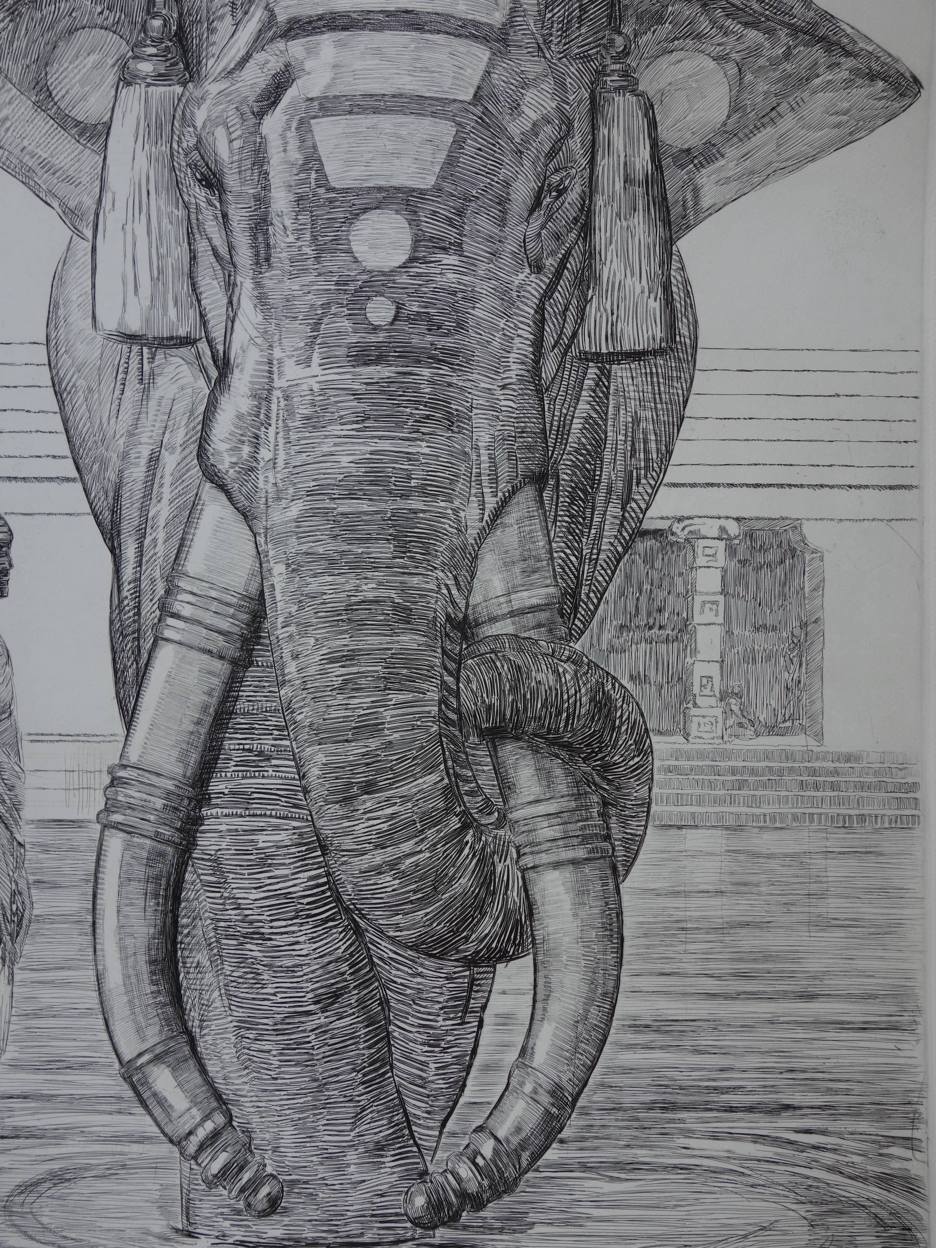 Elephant of Siva Temple - Original etching For Sale 1