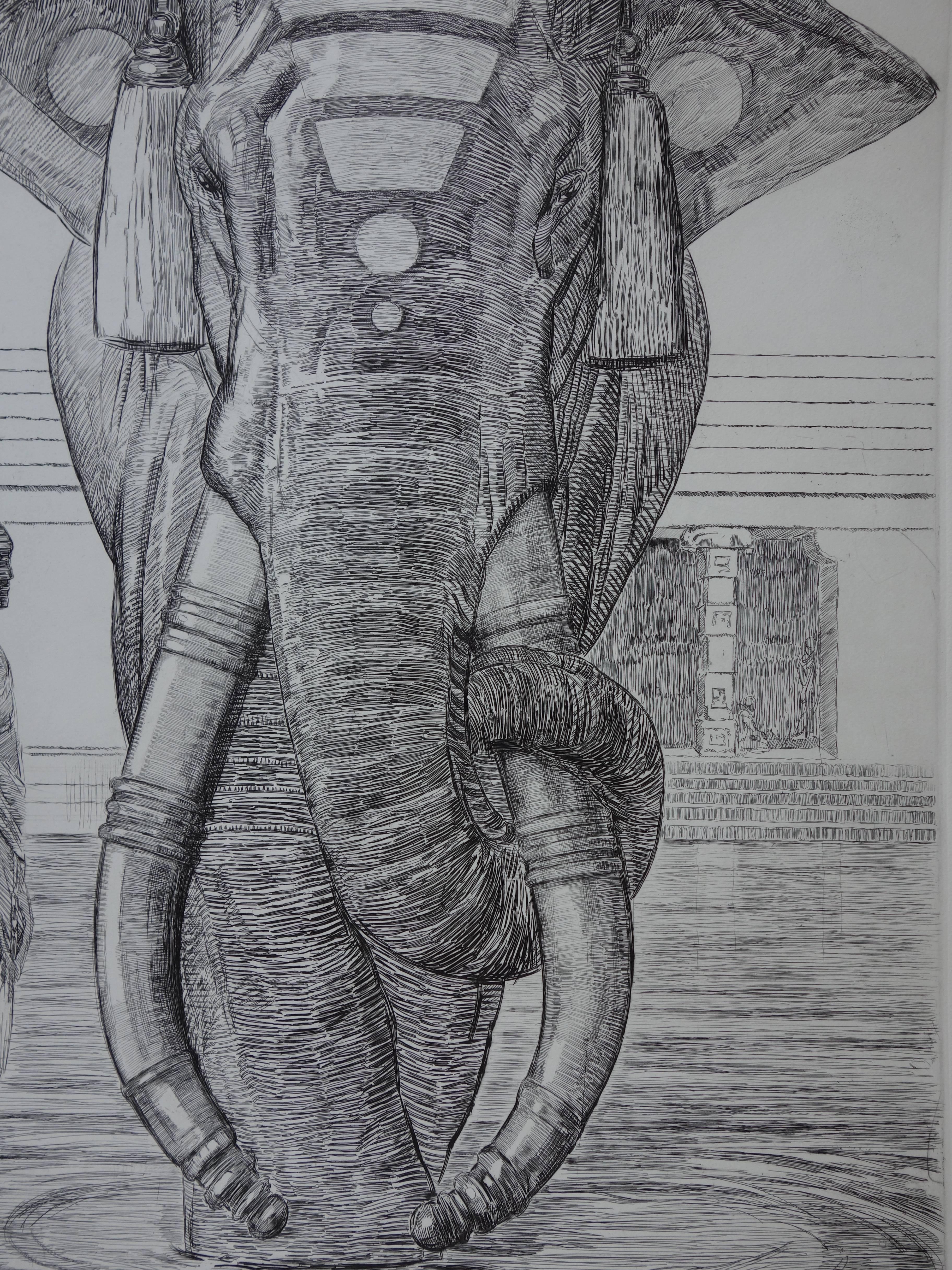 Éléphant du temple de Siva - eau-forte originale en vente 4
