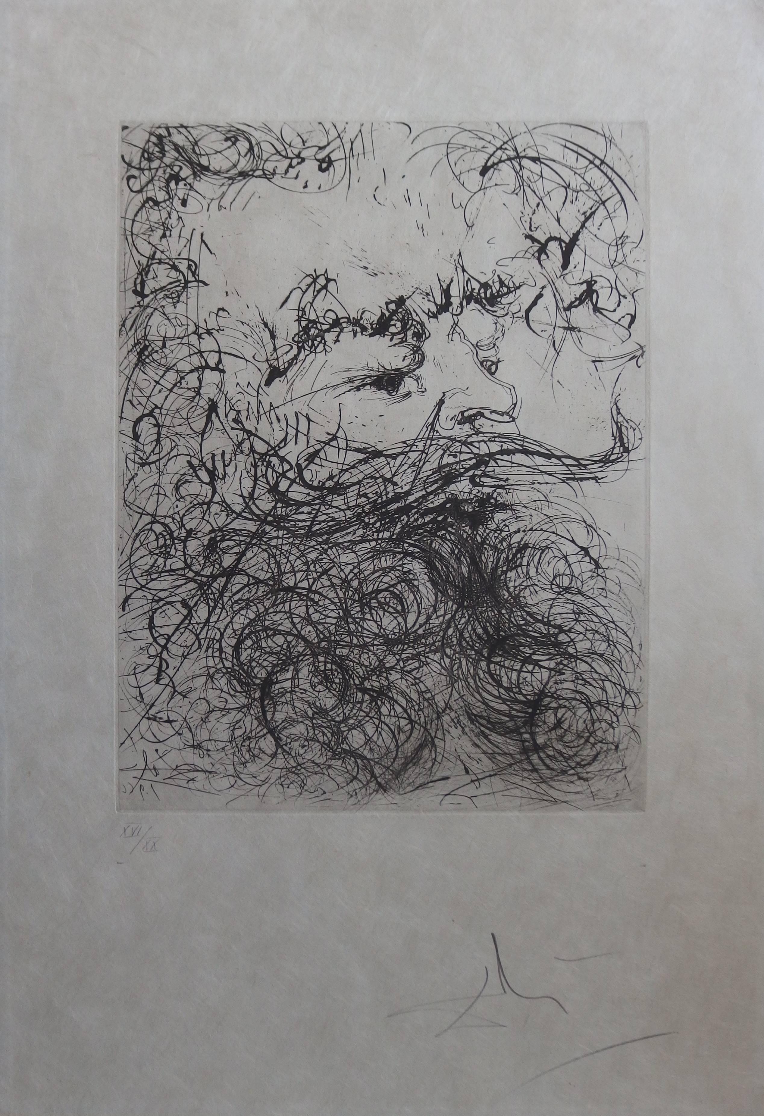 Salvador Dalí Portrait Print - Jules Verne - Original handsigned etching - 1966