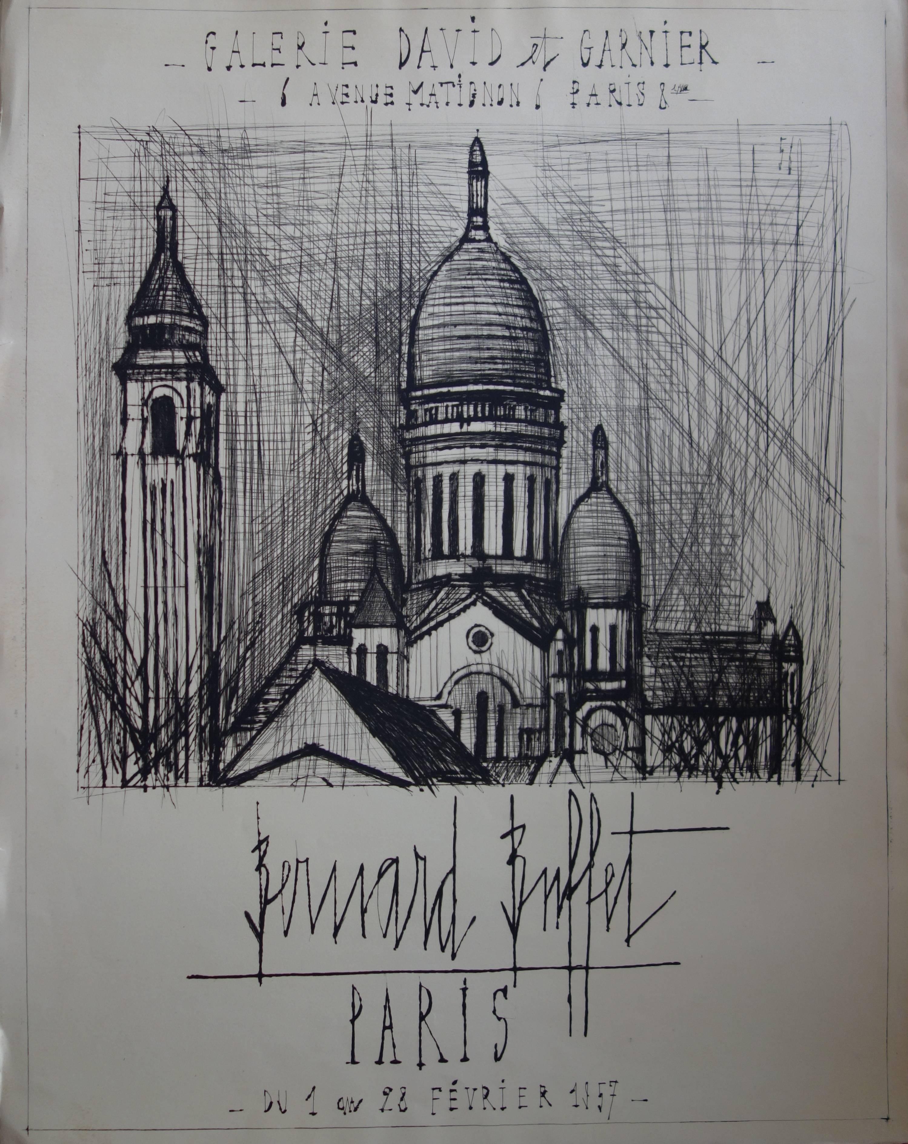 Bernard Buffet Landscape Print - Sacre Coeur Church in Montmartre - Original etching - 1956