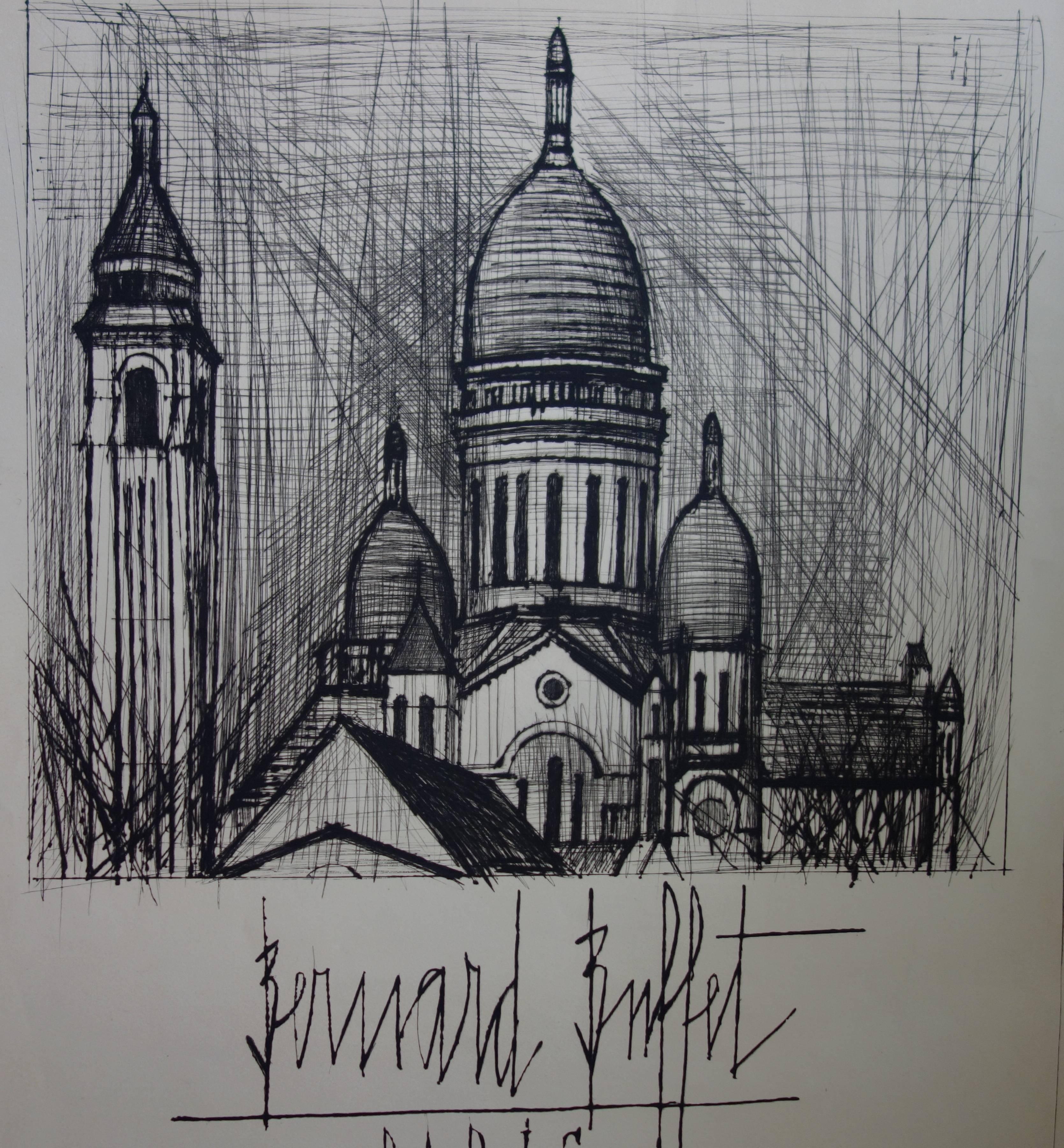 Sacre Coeur Church in Montmartre - Original etching - 1956 - Realist Print by Bernard Buffet