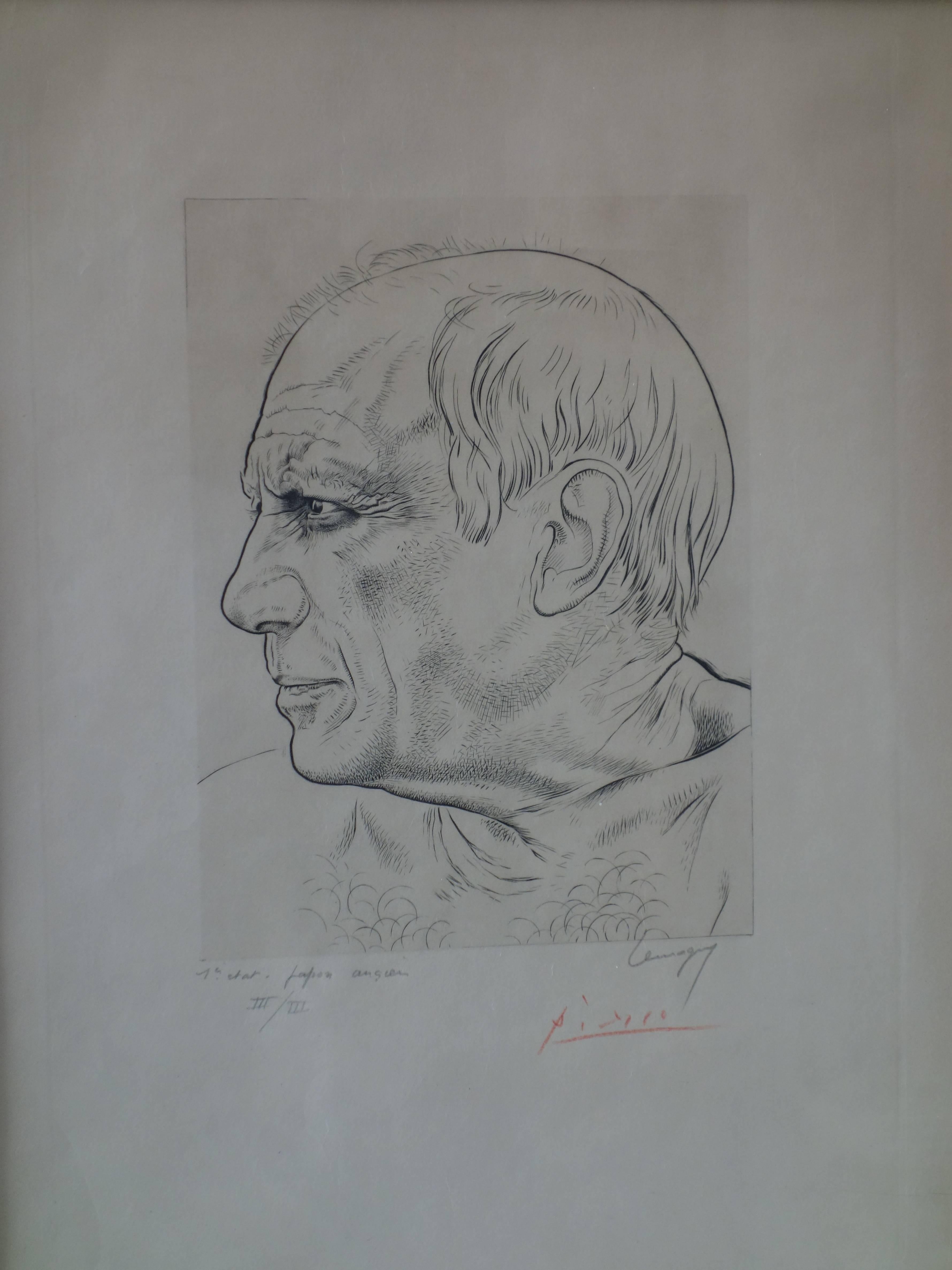 Paul Lemagny Portrait Print - Portrait of Picasso - Original etching - Handsigned by Picasso (only 3 proofs)