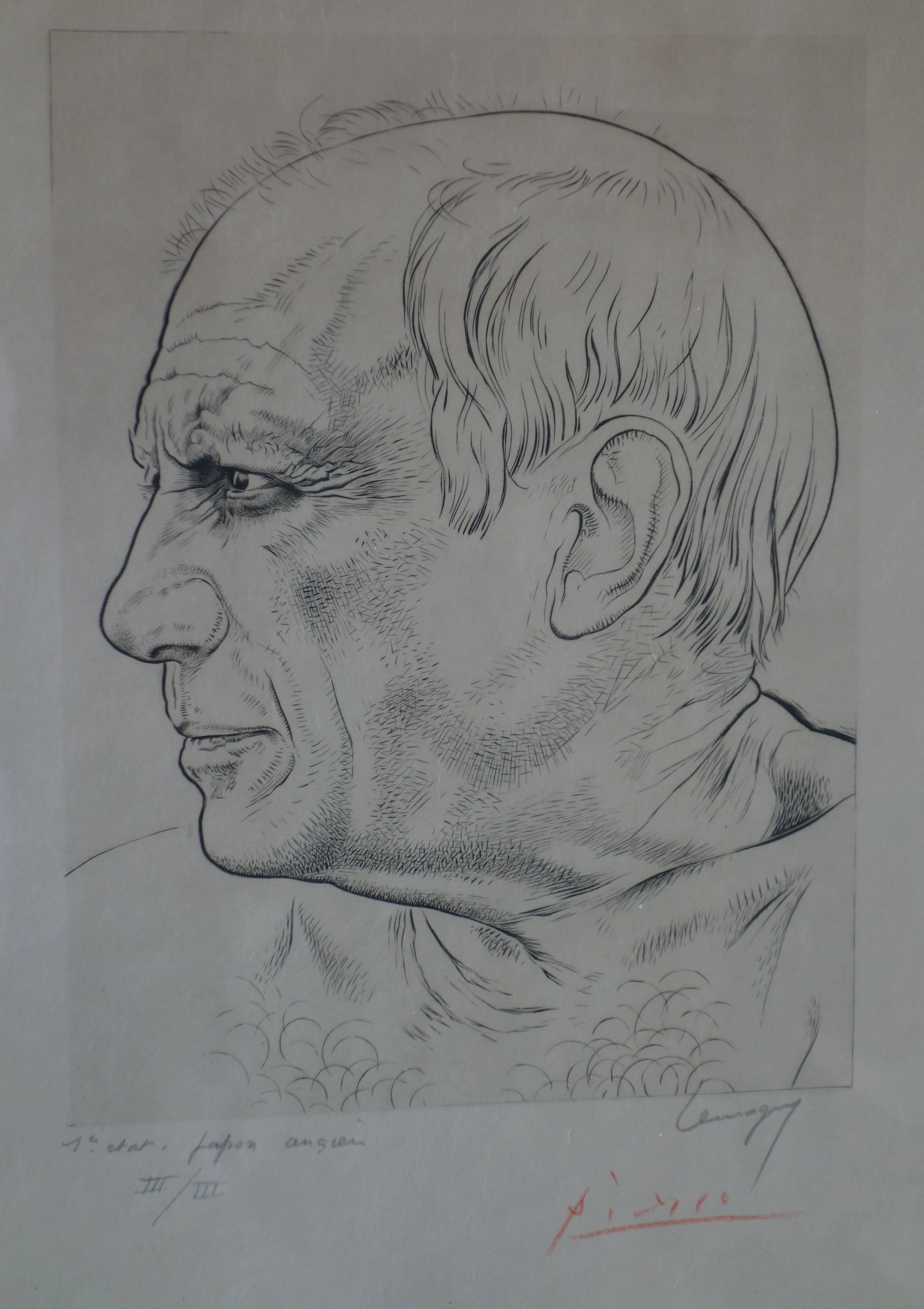 Portrait of Picasso - Original etching - Handsigned by Picasso (only 3 proofs) - Realist Print by Paul Lemagny