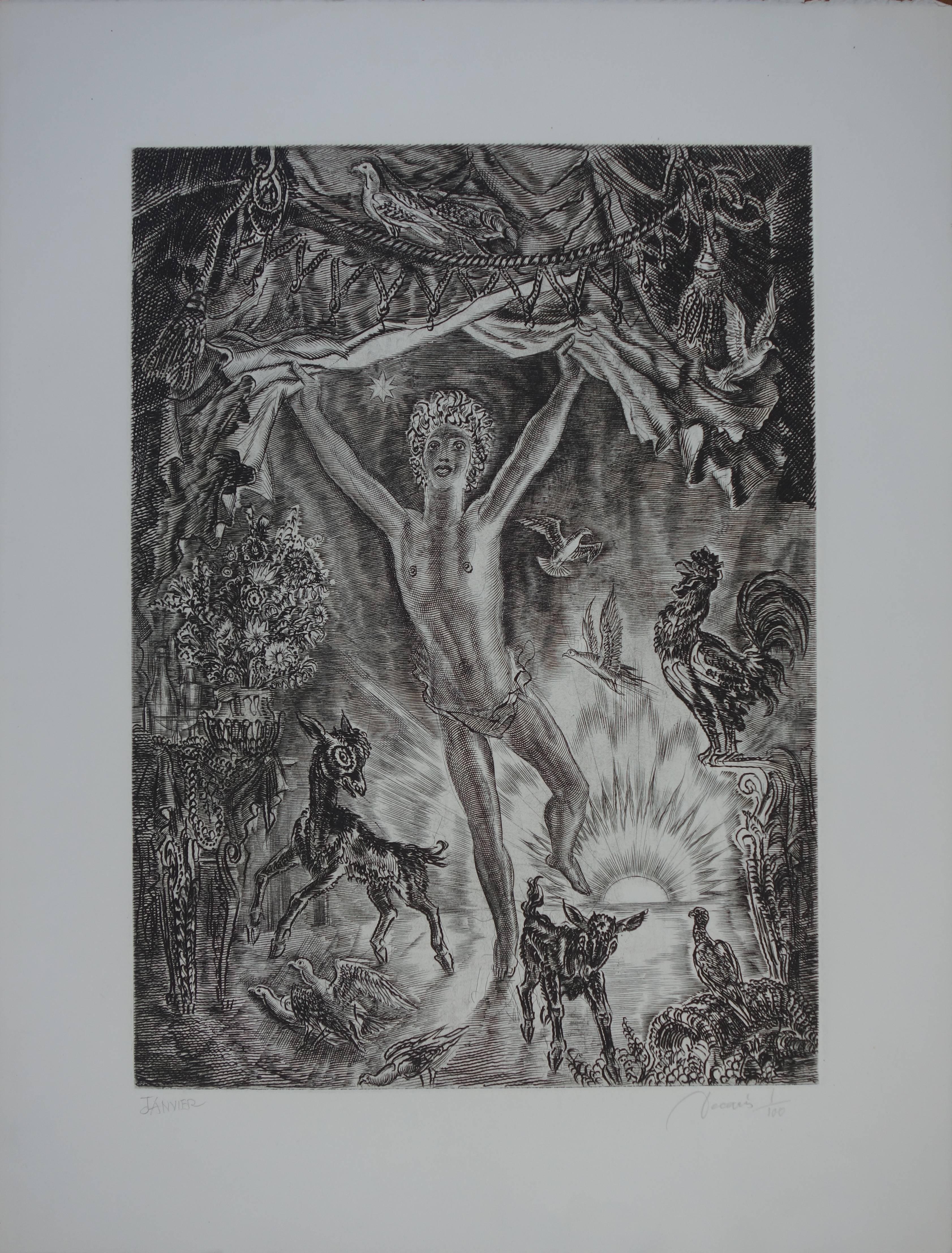 Albert Decaris Figurative Print - January : Rising New Year - Original handsigned etching - Exceptional n° 1/100